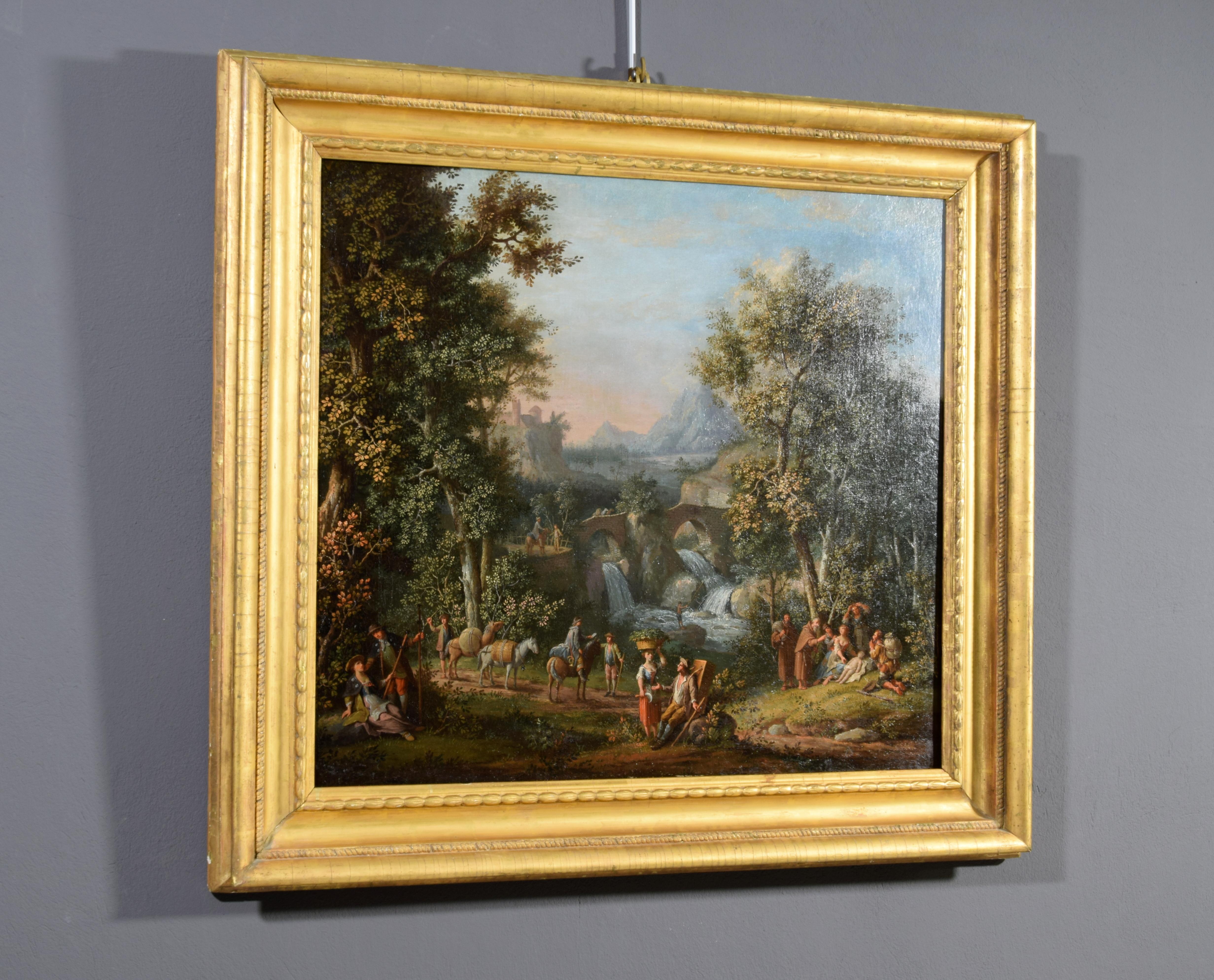 Hand-Painted 18th Centuy, Italian Painting with Landscape by Giovanni Battista Colomba For Sale
