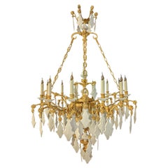 Antique 18th Chaine Chandelier in Golden Iron of 12 Lights with Porcelain Pendants