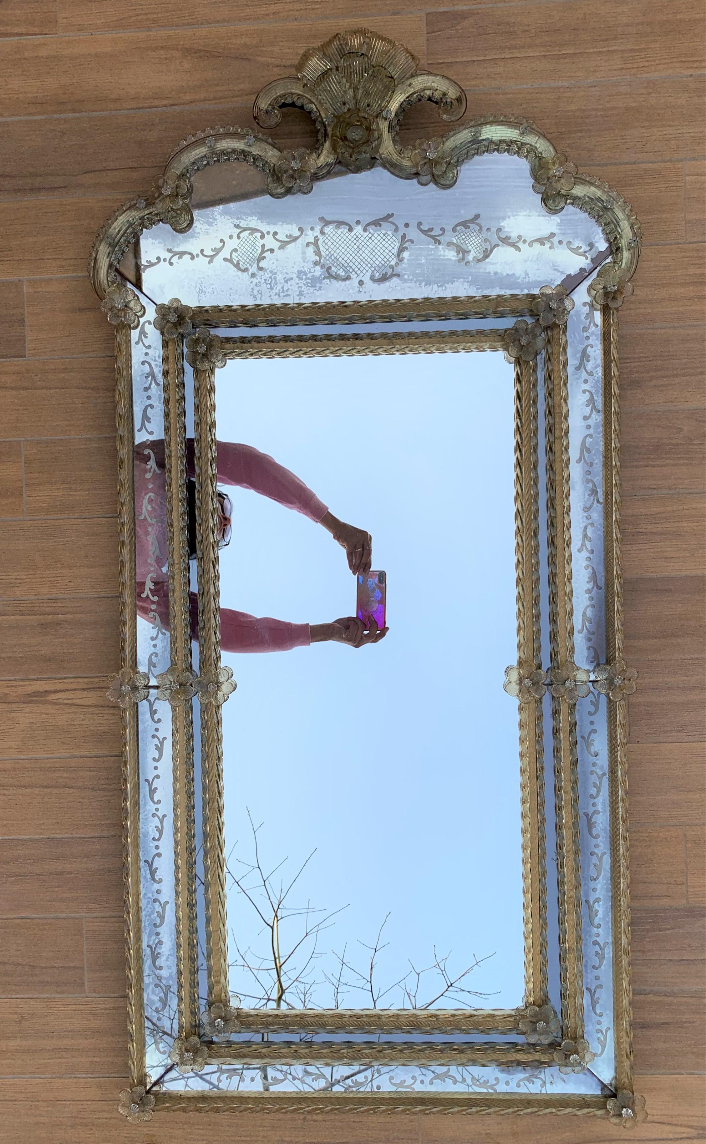 Italian 18th Century Crest Top Venetian Rectangular Mirror, Handmade and Hand Silvered