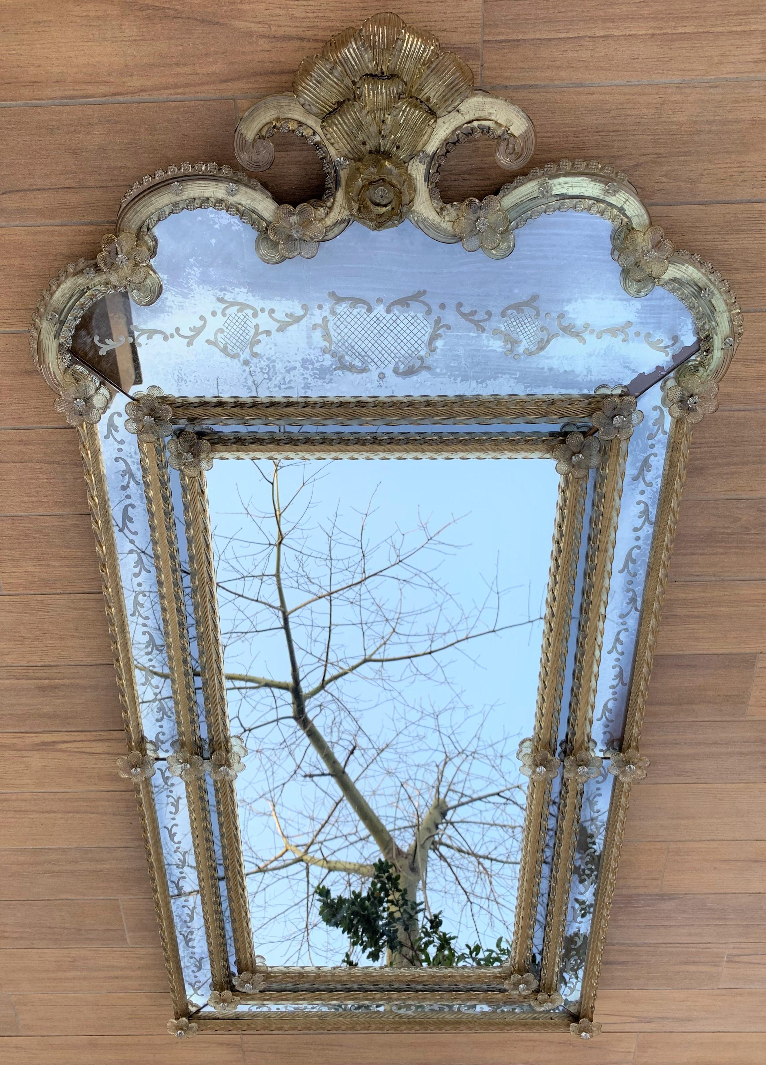 18th Century Crest Top Venetian Rectangular Mirror, Handmade and Hand Silvered In Good Condition In Miami, FL