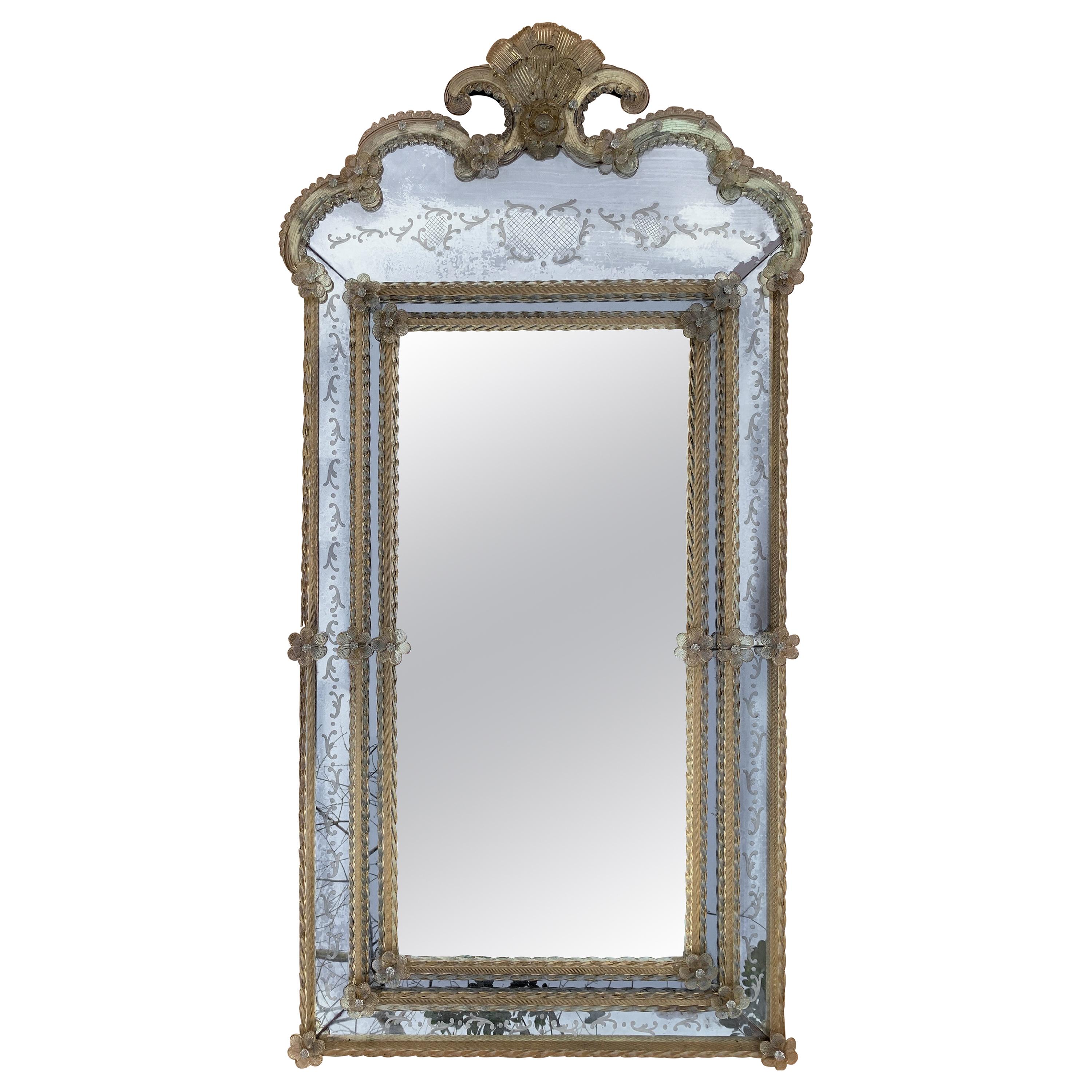18th Century Crest Top Venetian Rectangular Mirror, Handmade and Hand Silvered