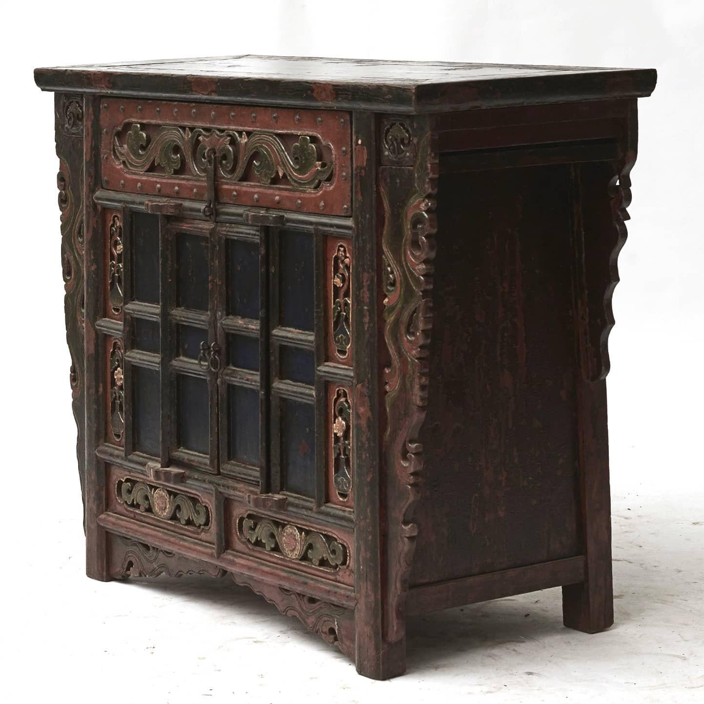 Lacquered 18th Ctr. Chinese Qing Dynasty Carved Butterfly Style Cabinet For Sale