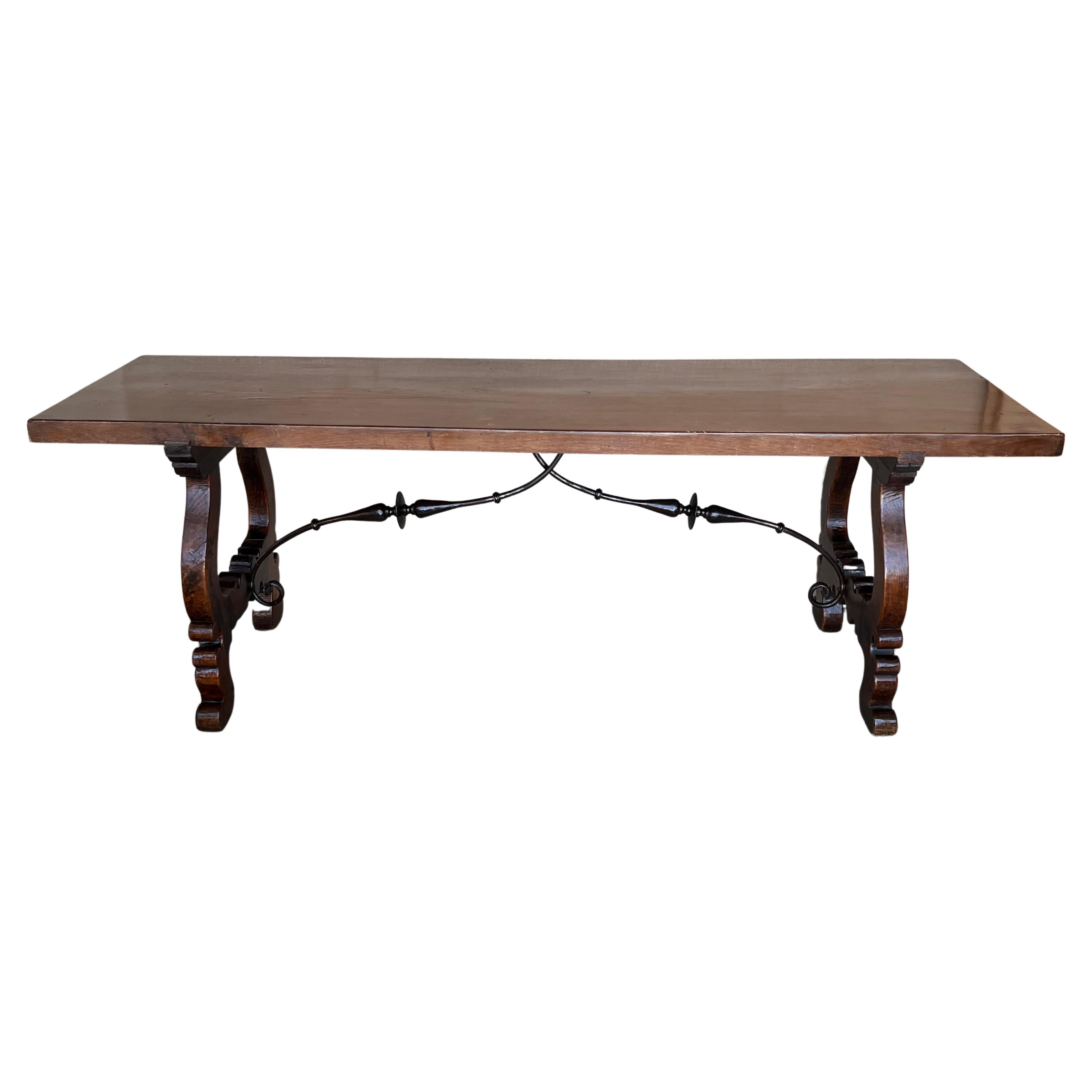 Baroque 18th Dining or Console Table of Walnut with Lyre Legs and Heavy Top, Spain For Sale