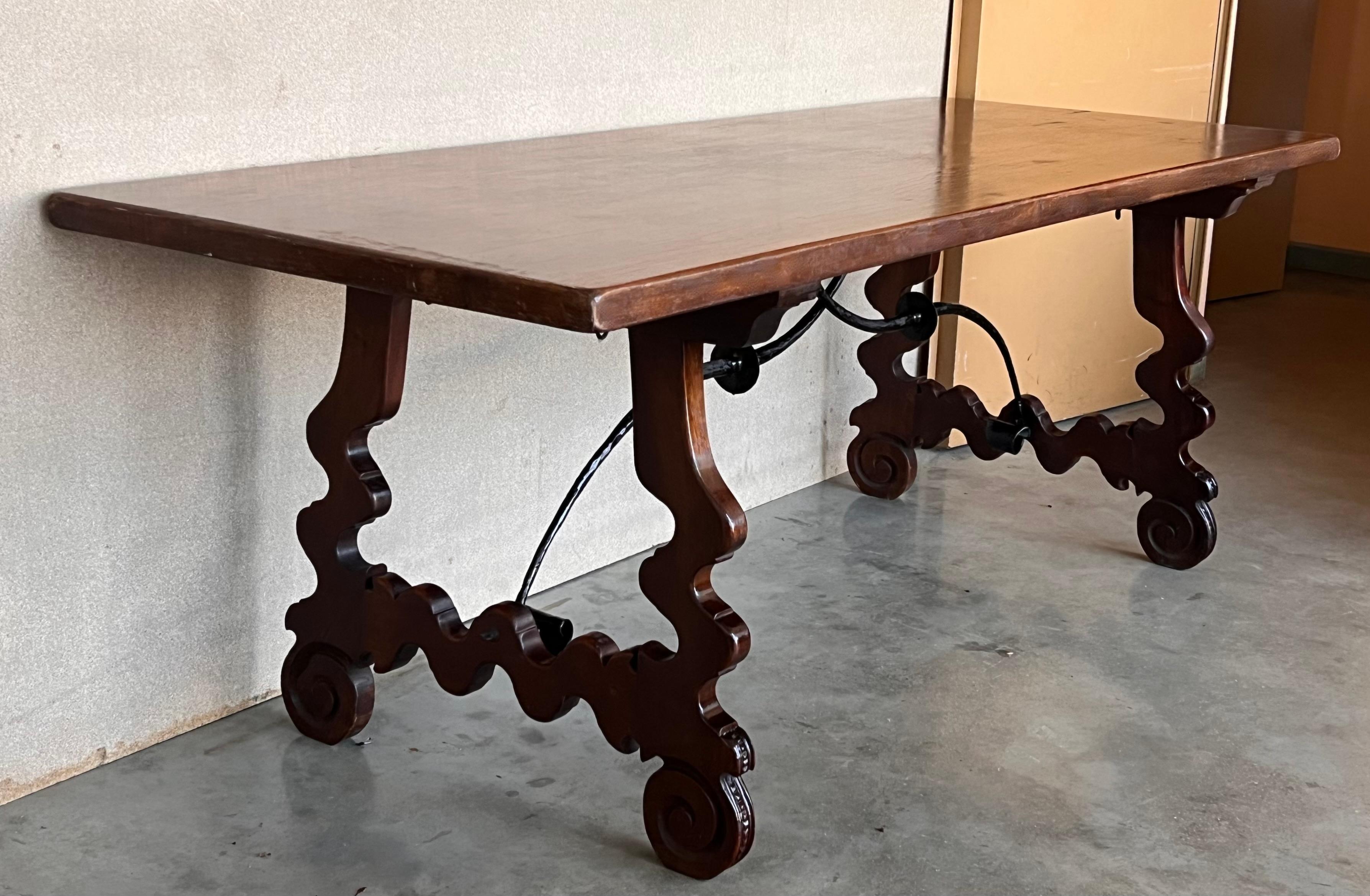 Baroque 18th Dining or Console Table of Walnut with Lyre Legs and Heavy Top, Spain For Sale