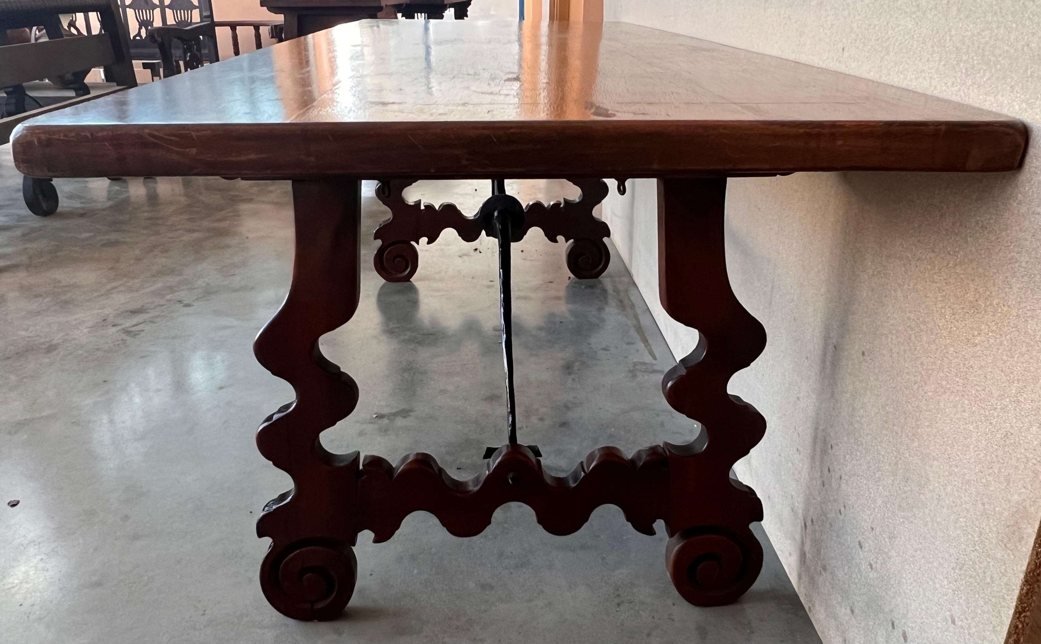 Carved 18th Dining or Console Table of Walnut with Lyre Legs and Heavy Top, Spain For Sale