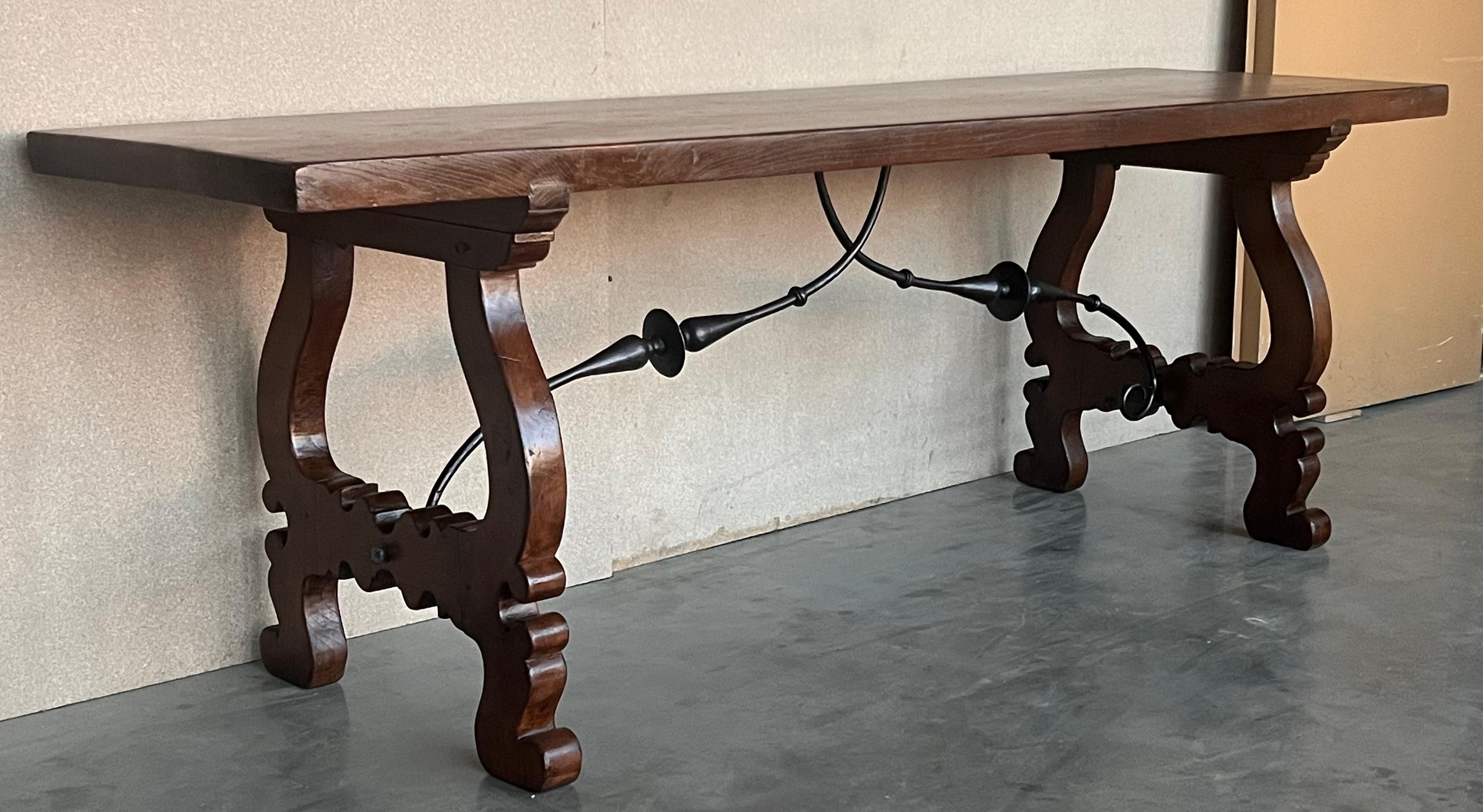 18th Century 18th Dining or Console Table of Walnut with Lyre Legs and Heavy Top, Spain For Sale