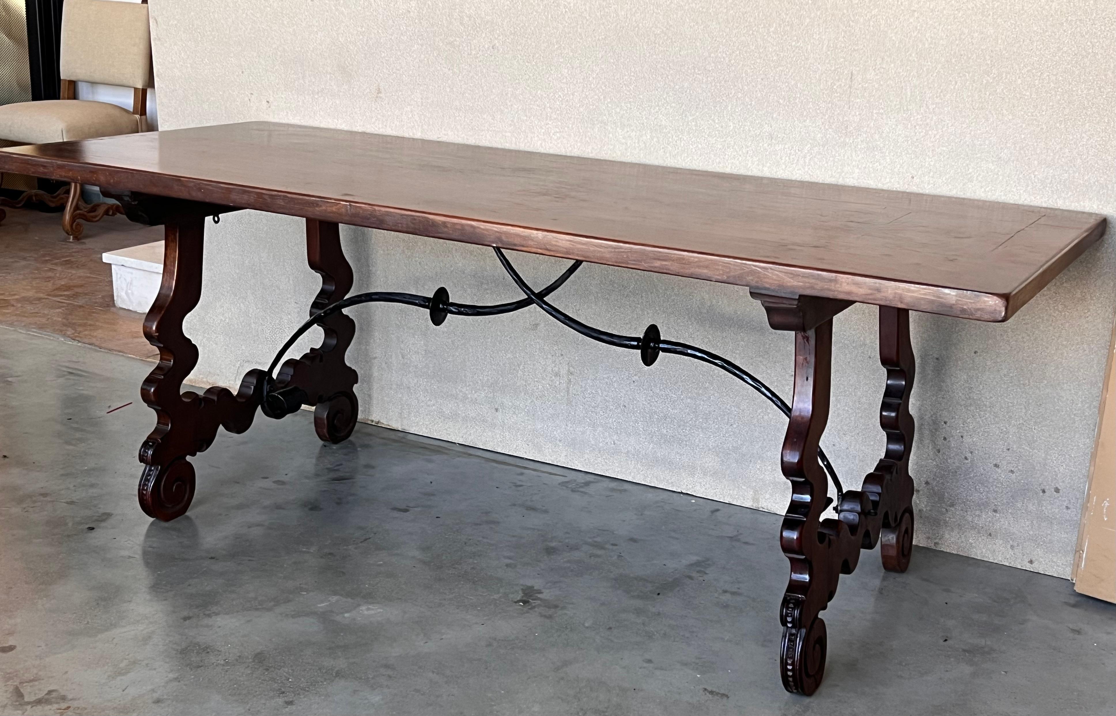 Iron 18th Dining or Console Table of Walnut with Lyre Legs and Heavy Top, Spain For Sale