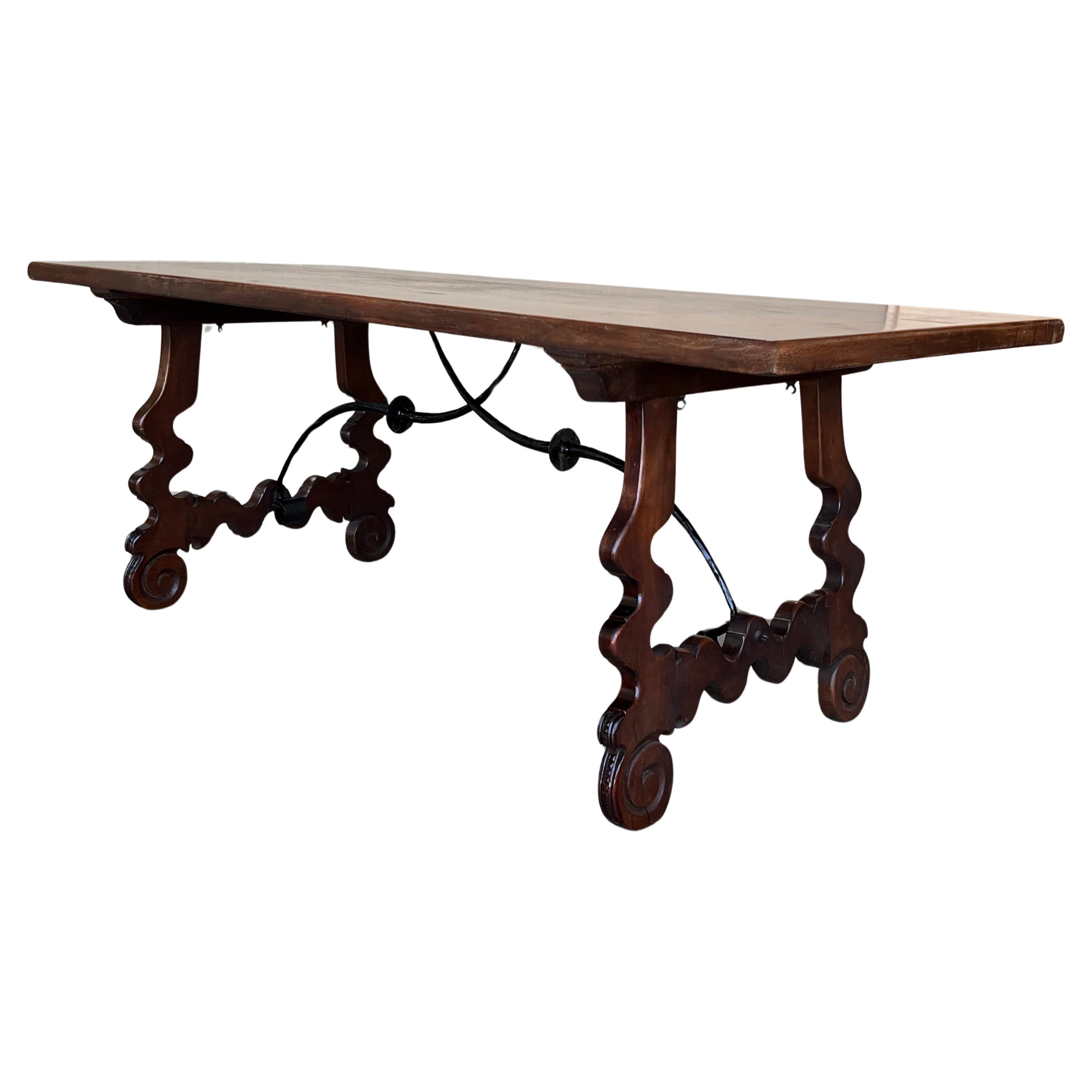 18th Dining or Console Table of Walnut with Lyre Legs and Heavy Top, Spain For Sale