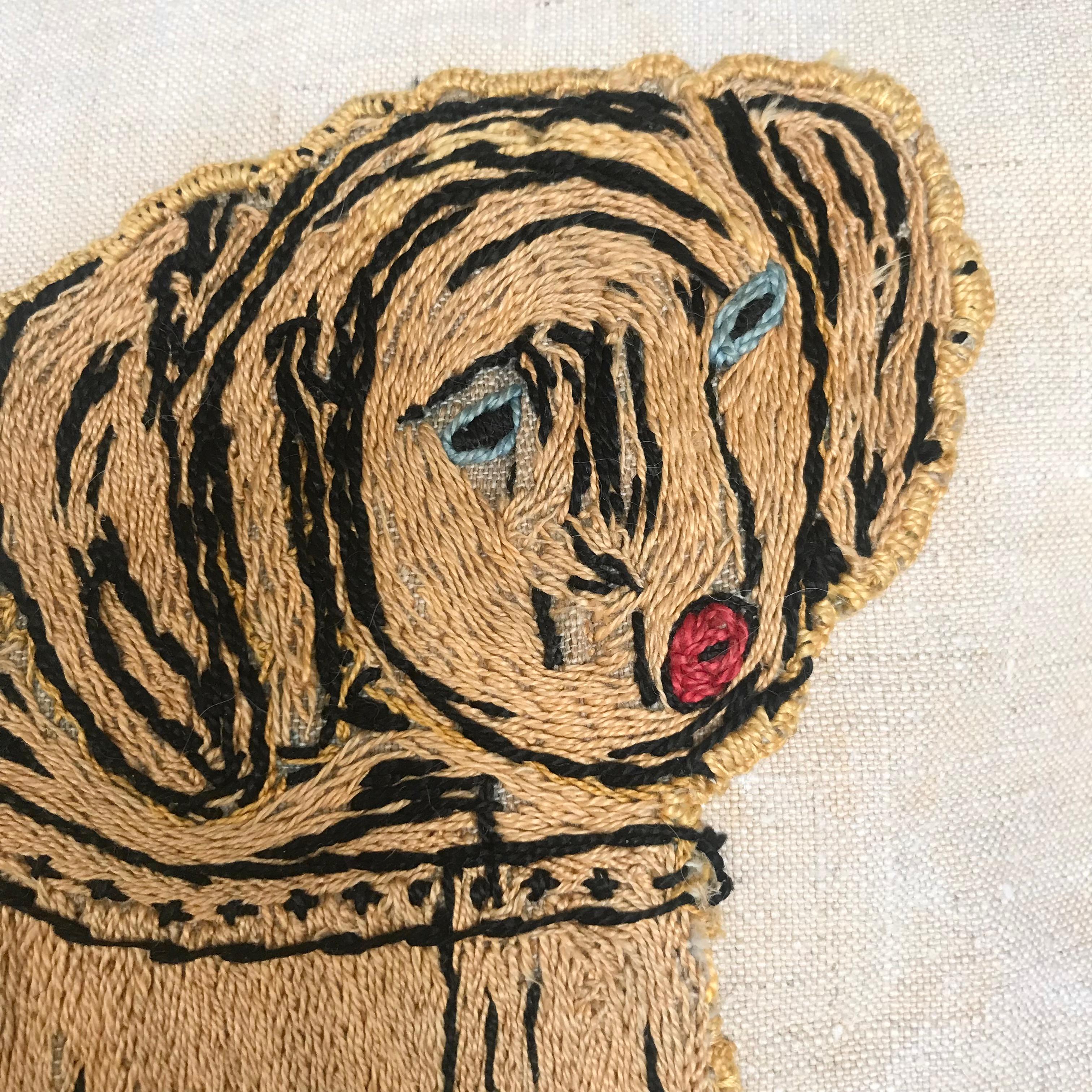 Linen 18th Century Dog Embroidery Cushion
