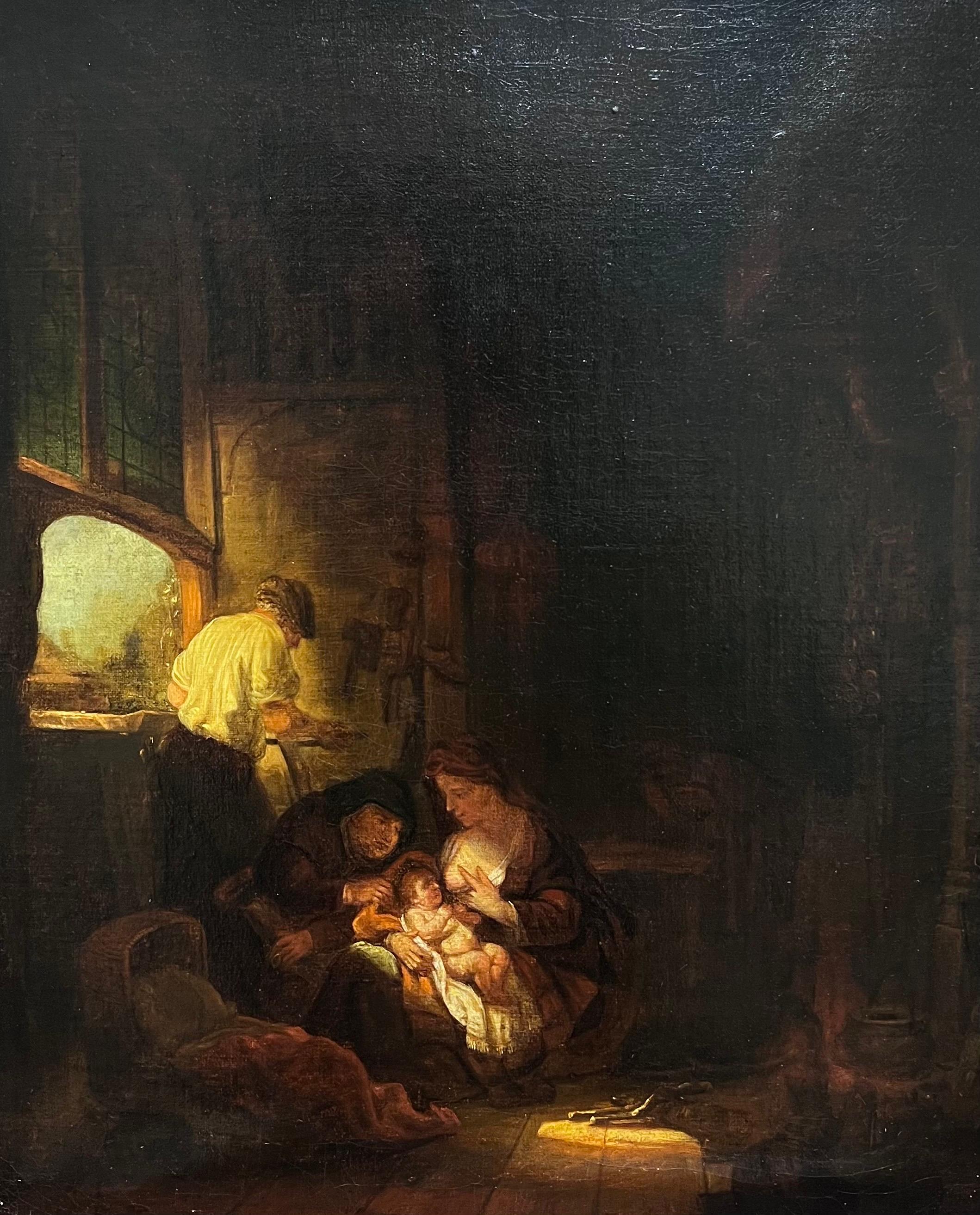 18th Dutch Old Master Interior Painting - Baby Born in Stable Interior Fine Dutch 18th Century Golden Age Oil Painting