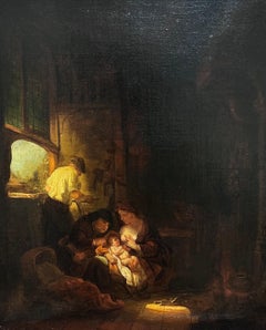 Antique Baby Born in Stable Interior Fine Dutch 18th Century Golden Age Oil Painting