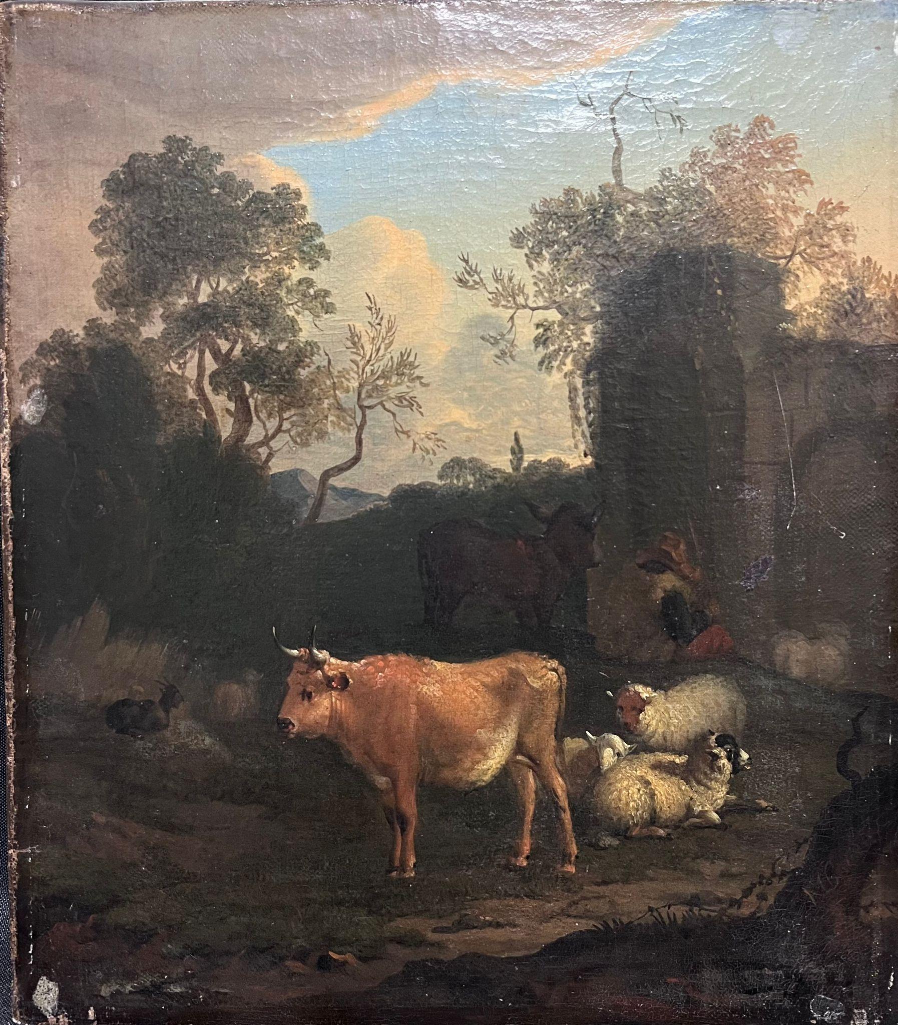 Feine 18. Jahrhundert Niederländisch Alte Meister Ölgemälde Rinder & Schafe Antike Ruinen – Painting von 18th Dutch Old Master