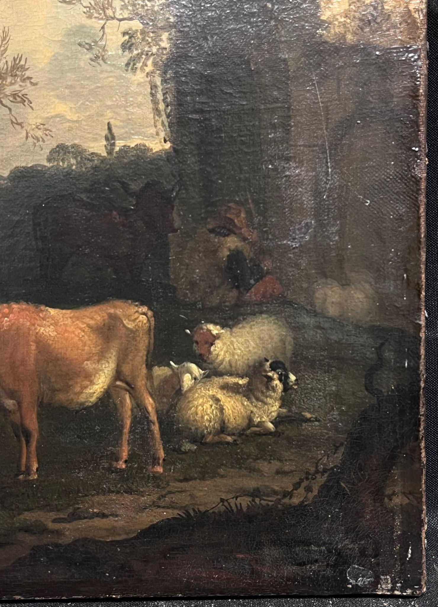 Fine peinture à l'huile hollandaise du 18ème siècle - Cattle & Sheep Ancient Ruines - Noir Landscape Painting par 18th Dutch Old Master