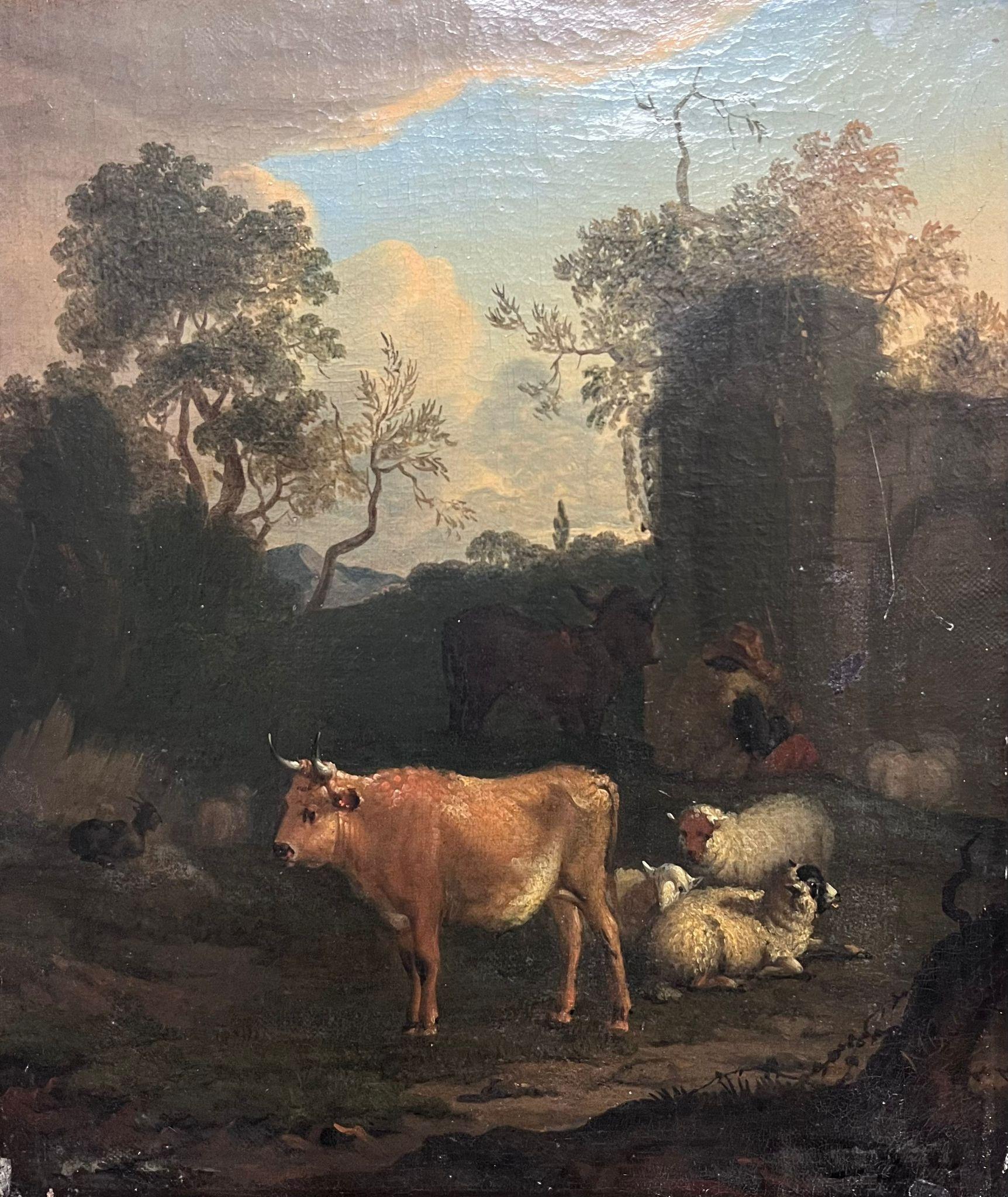 Pintura al óleo al viejo maestro holandés del siglo XVIII Ganado y ovejas Ruinas antiguas