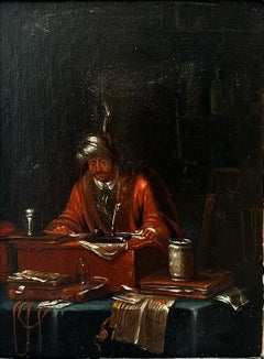 Scribe in Interior Very Fine 17th/ 18th century Dutch Old Master Oil Gilt Frame