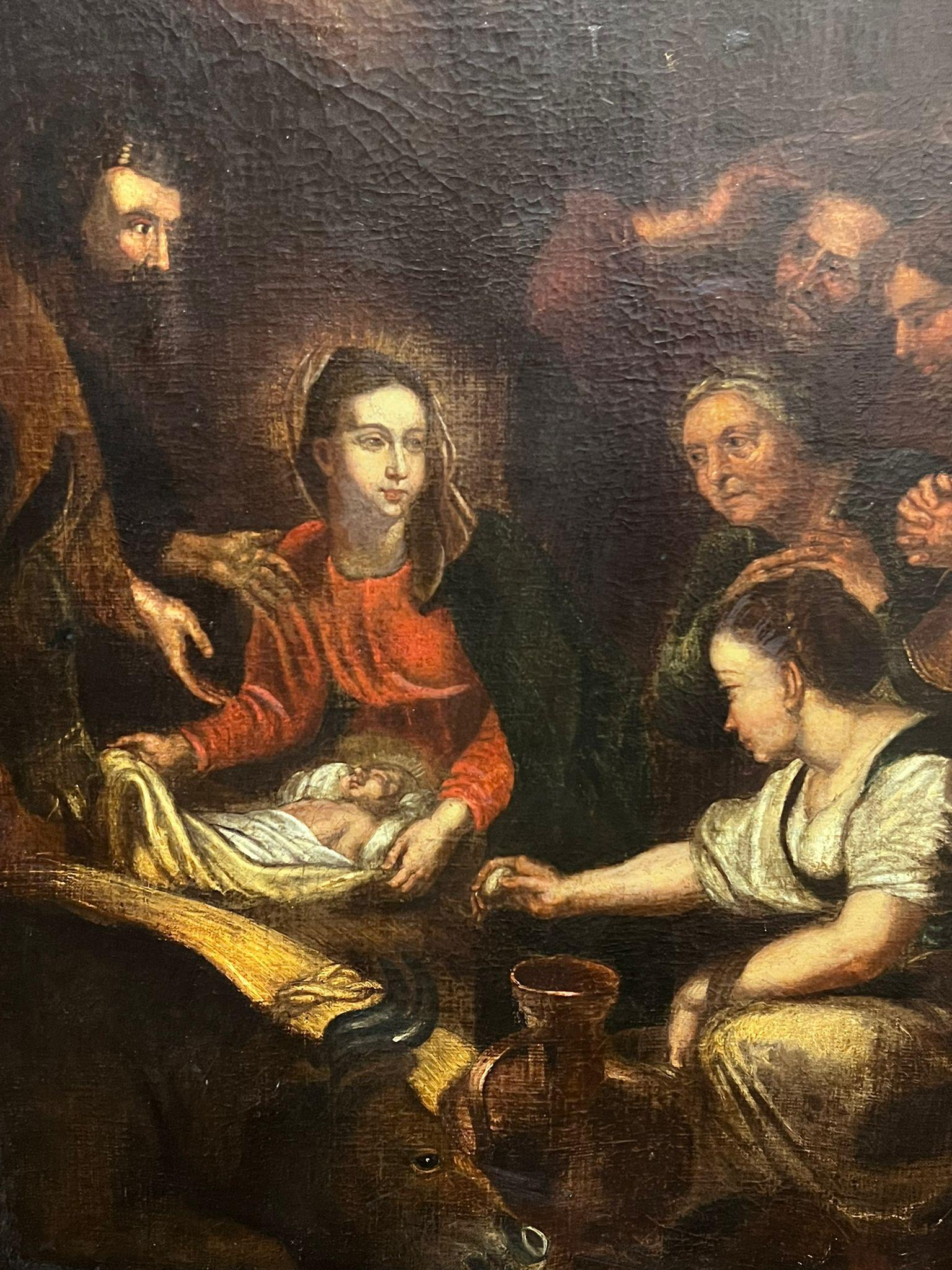 Sehr große 1700's Dutch Old Master Ölgemälde The Nativity Scene im Angebot 1