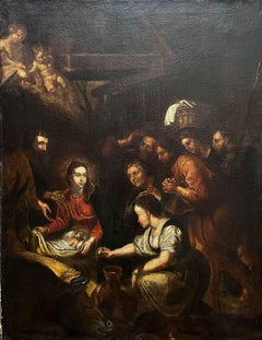 Très grande peinture à l'huile hollandaise des années 1700 représentant la scène de la nativité