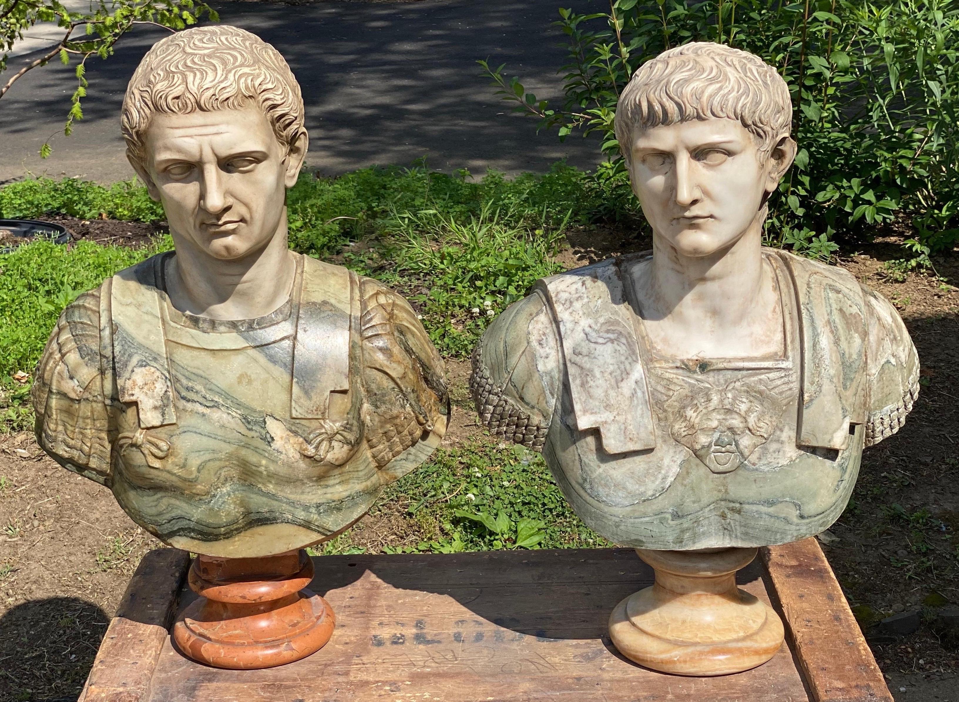 Incredible hand carved 19th century Italian specimen marble busts of Julius Caesar and Mark Anthony.

The life like faces are impeccably carved in white marble. These truly stunning busts were clearly carved by a master artisan. Take special note of