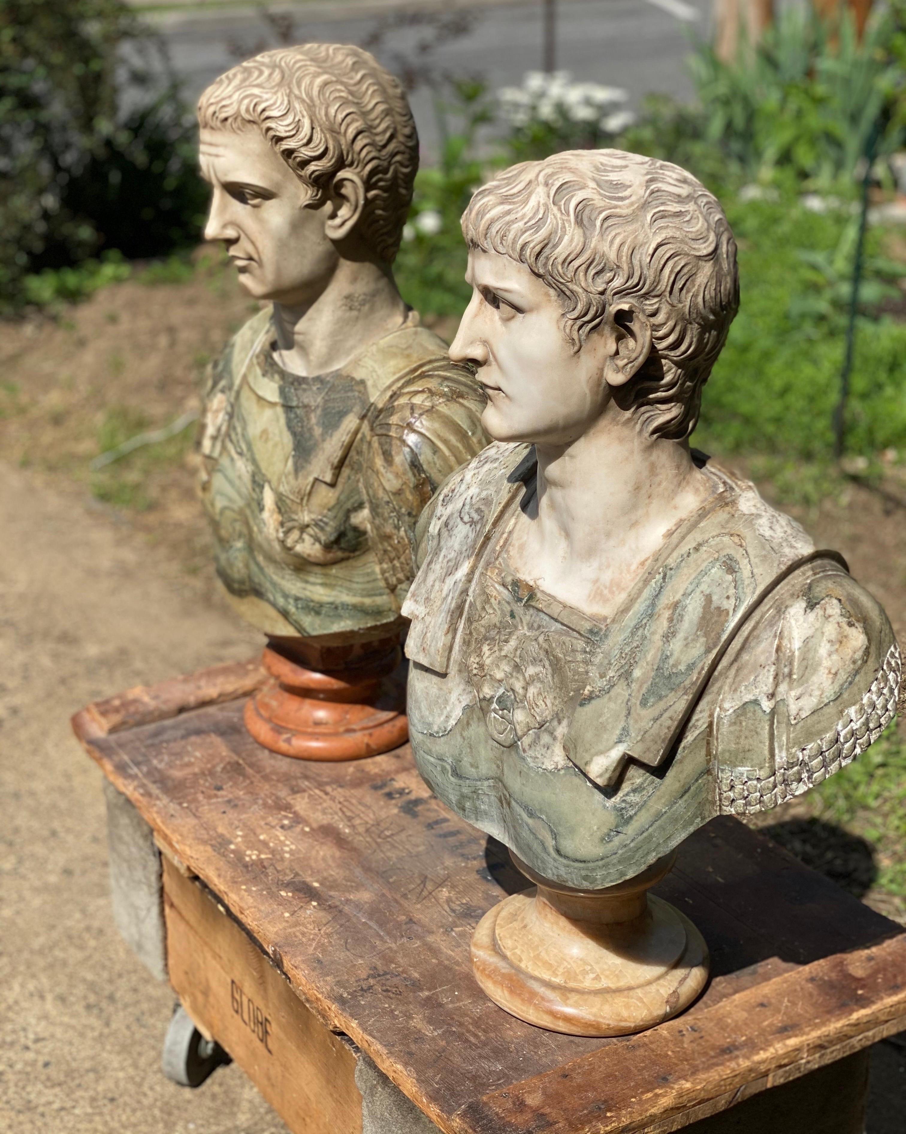 Hand-Carved 19th Century Italian Neoclassical Style Specimen Marble Busts of Caesars For Sale