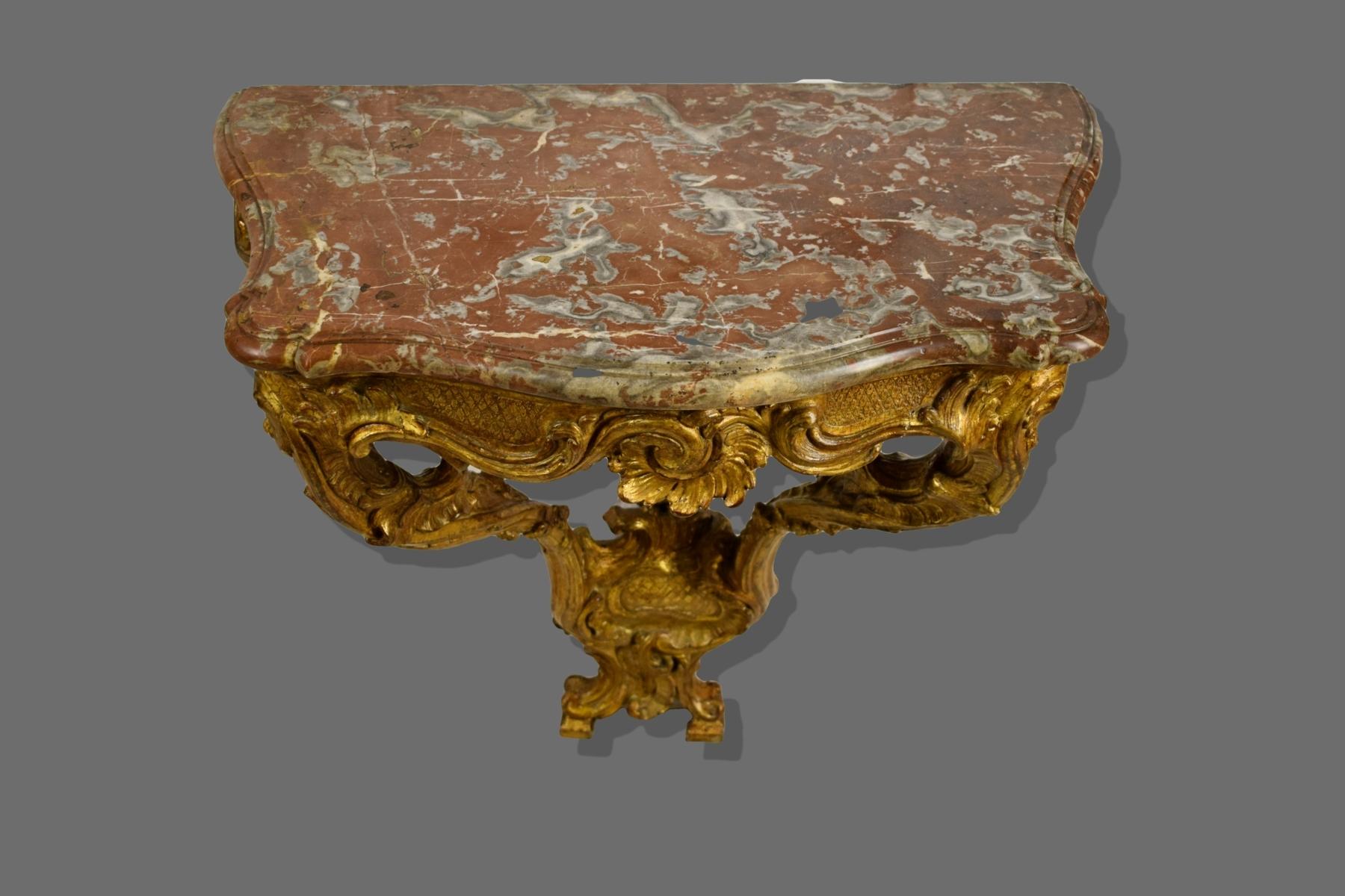 Hand-Carved 18th French Louis XV Giltwood Teardrop Table Console