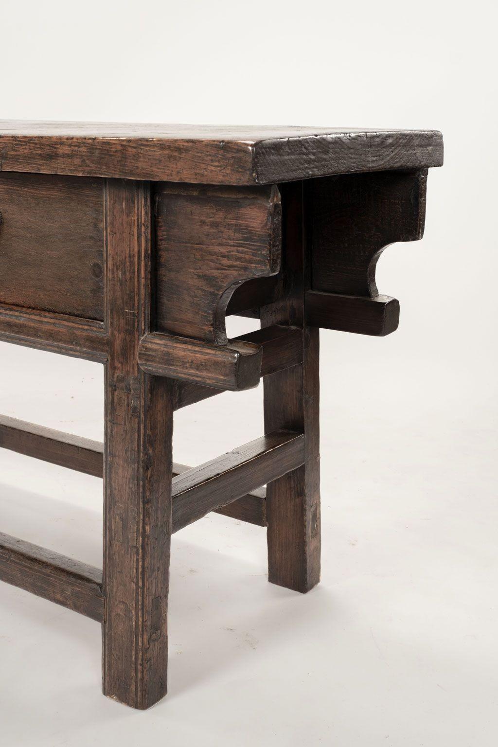 18th century French walnut console table in Chinese style, constructed circa 1780. Hand-carved in walnut wood with mortise and tenon construction. Two drawers and a single two-door compartment. Nice long, thick plank top.