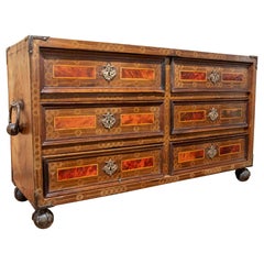 18th Italian Six-Drawer Bargueño with Marquetry and Original Hardware.