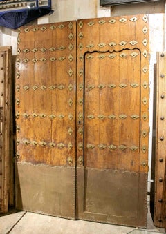 18th Large Antique Double Wooden Door with Brass Studs and Bottom Reinforcement