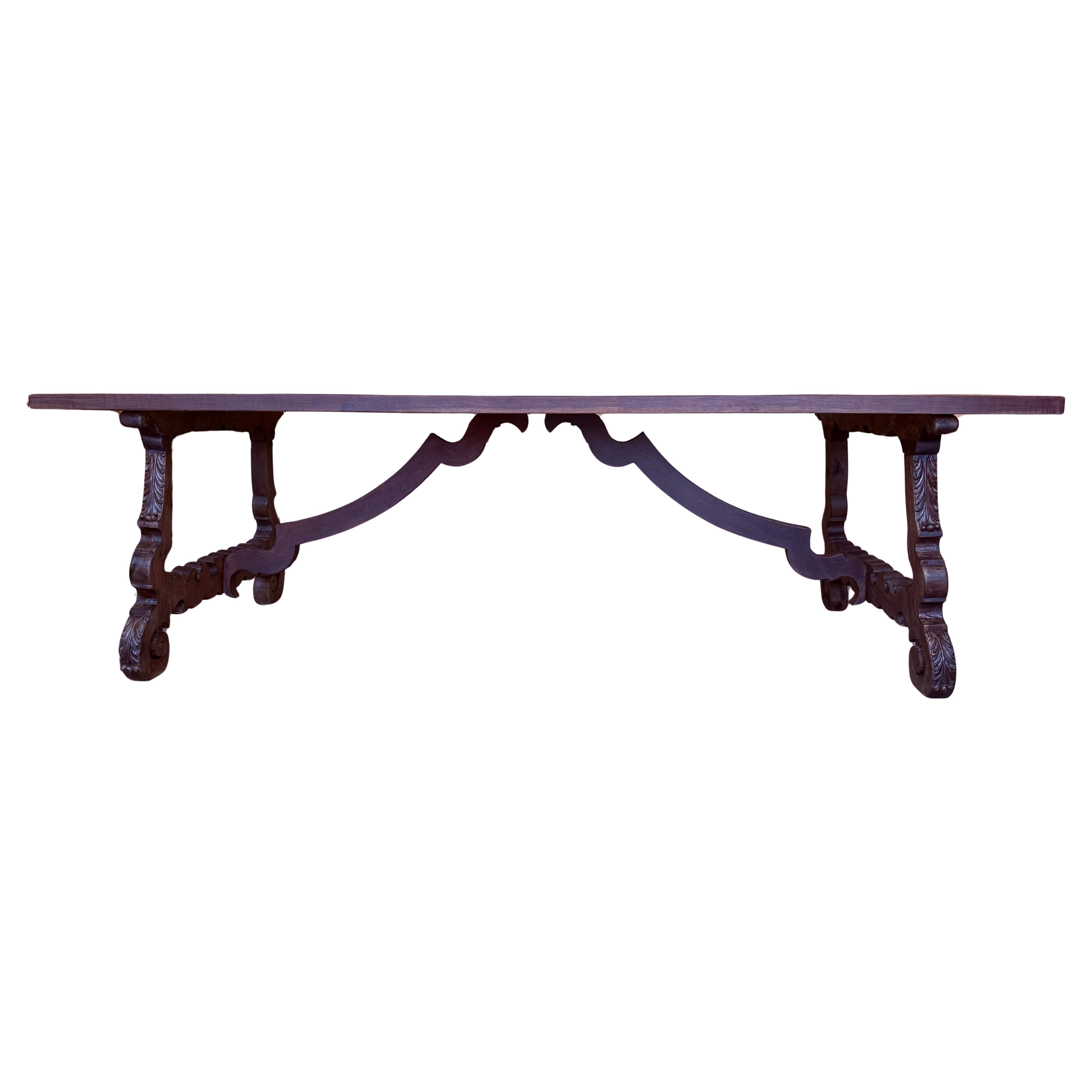 18th Large Spanish Dining or Desk Table with Carved Legs and Iron Stretcher