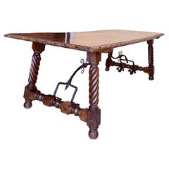 Antique 18th Large Spanish Dining or Desk Table with Solomonic Legs and Iron Stretcher