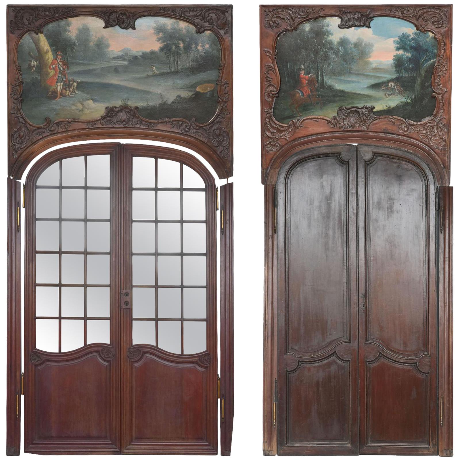 Portes en acajou du 18ème siècle d'époque Louis XV décorées d'une peinture de chasse