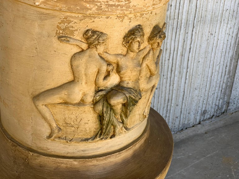 18th Century and Earlier Massive Neoclassical Terracotta Garden Urn Campana-Form Depicting Goddesses For Sale