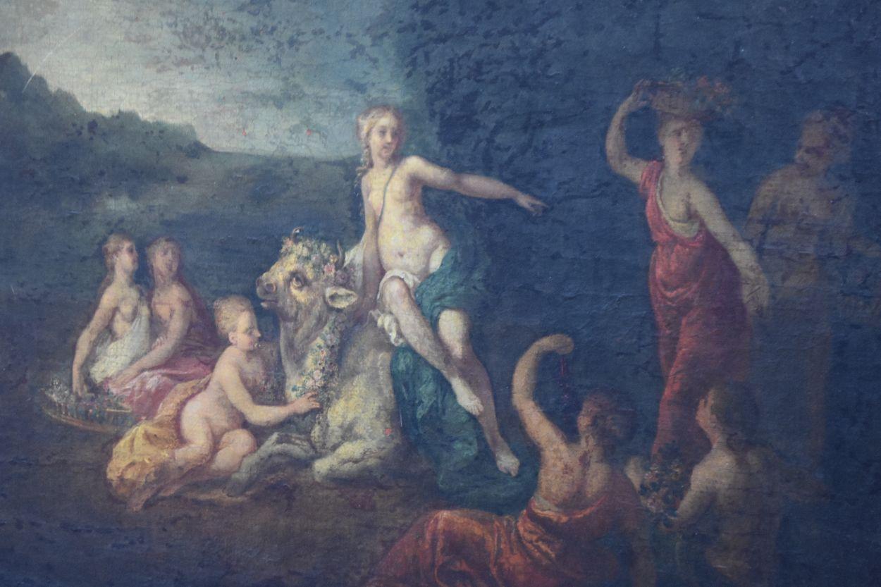 French 18th Naiads and Cow Decorated Oil on Canvas School of Coypel For Sale