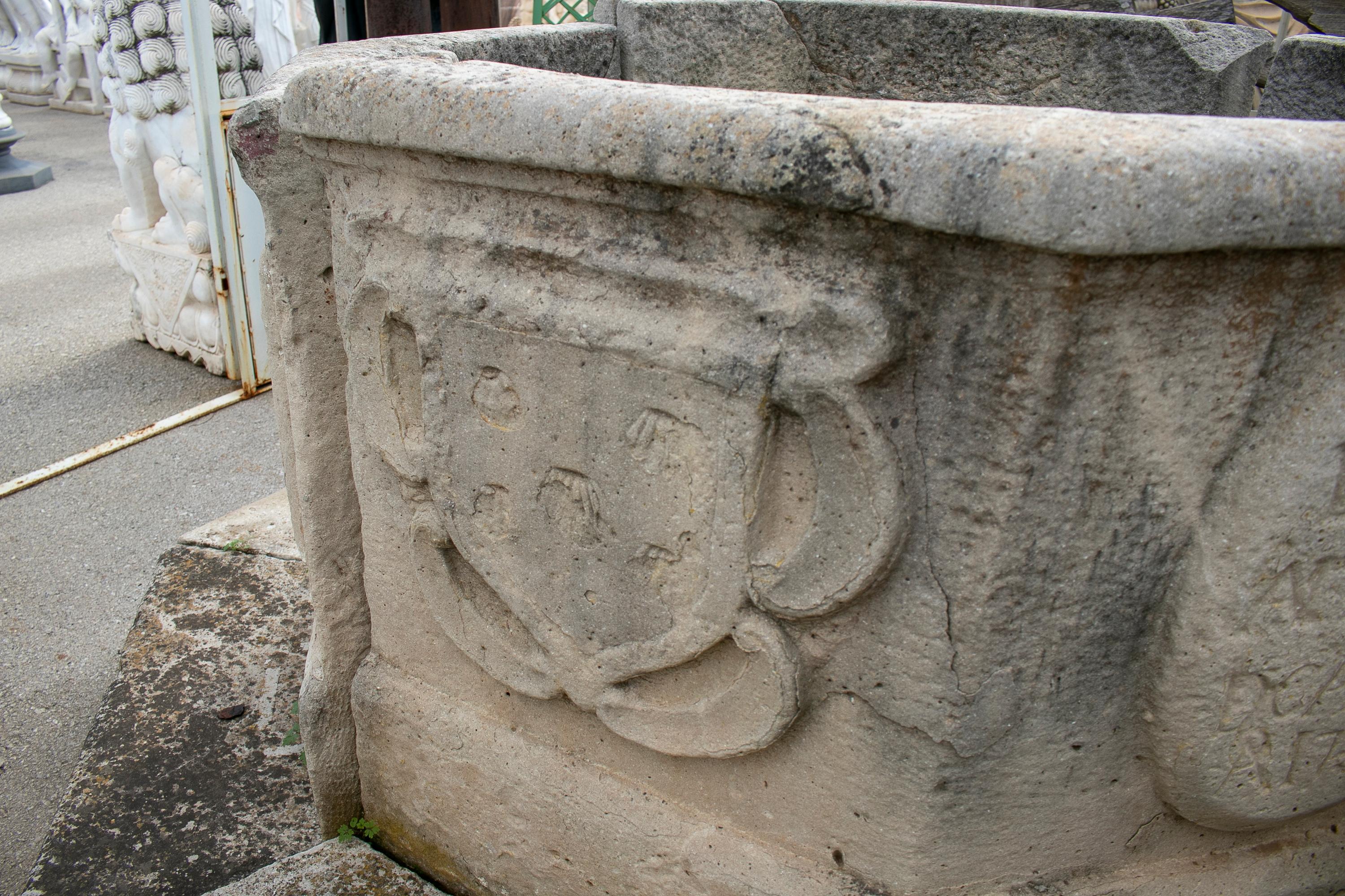 19th Octagonal Stone Wellhead with Family Emblems and Inscription 1