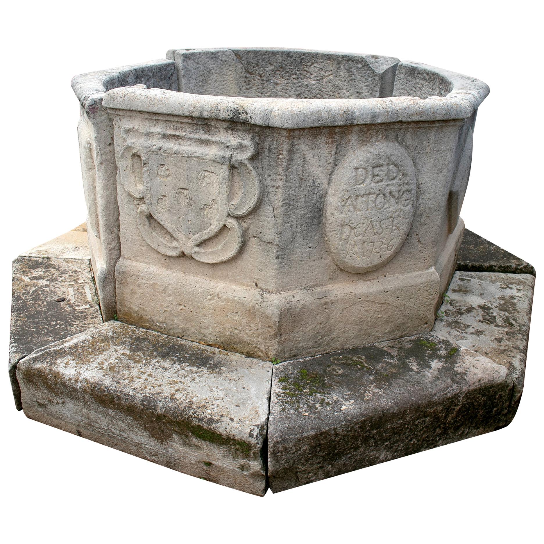 19th Octagonal Stone Wellhead with Family Emblems and Inscription