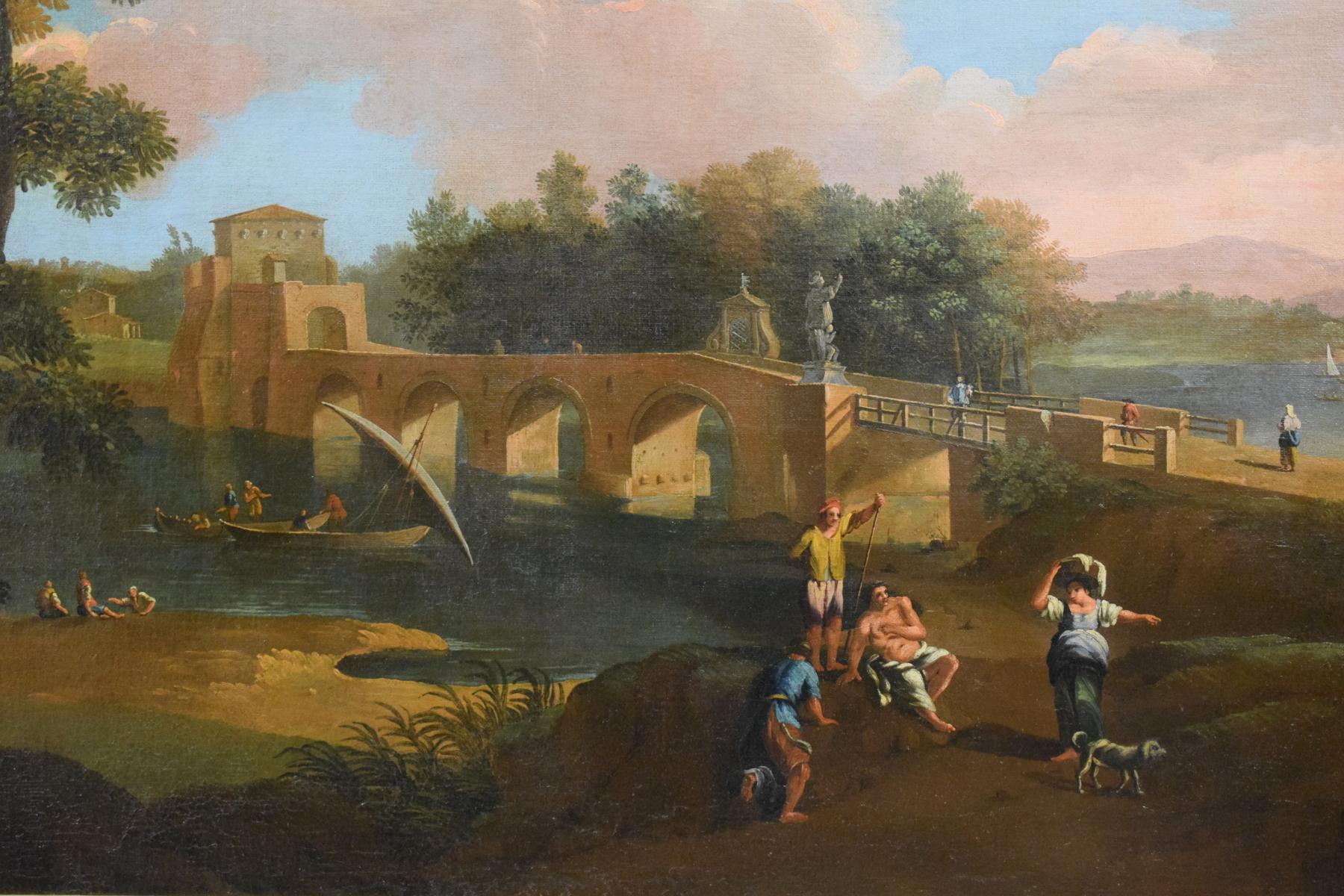 Öl auf Leinwand, römischer Anhänger von Paolo Anesi, Landschaft mit Milvio Bridge, Öl im Angebot 5