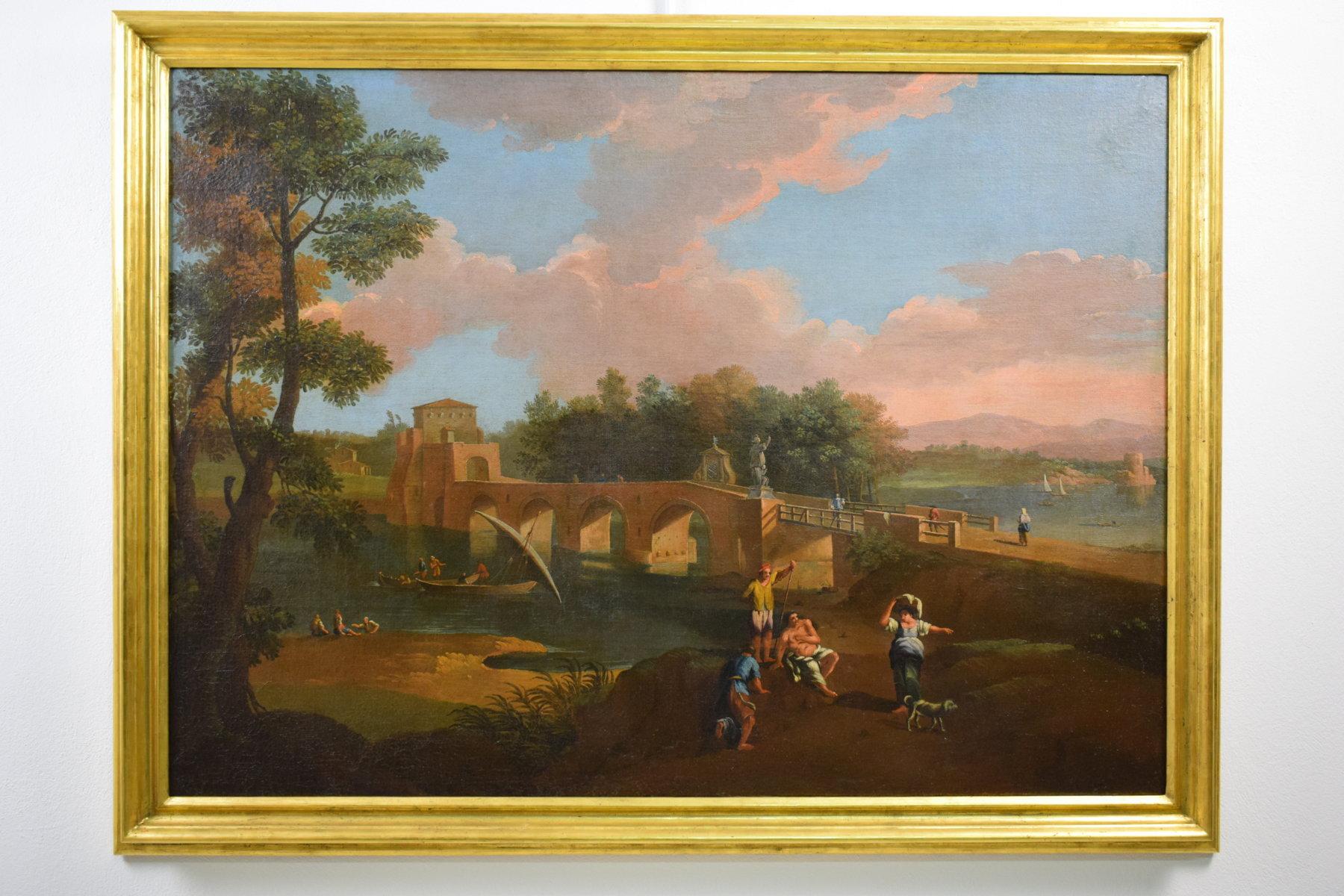 Öl auf Leinwand, römischer Anhänger von Paolo Anesi, Landschaft mit Milvio Bridge, Öl im Angebot 6