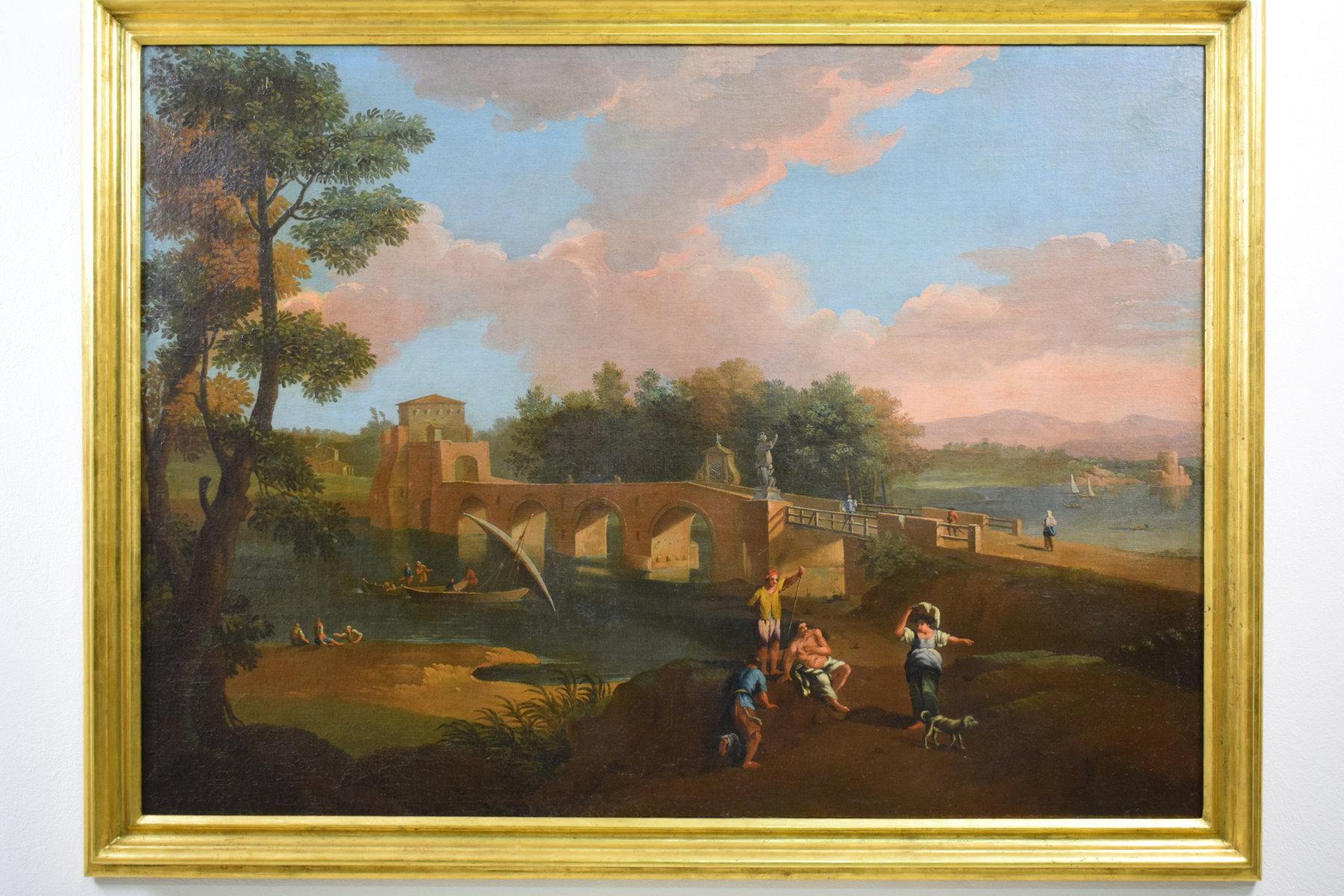 Öl auf Leinwand, römischer Anhänger von Paolo Anesi, Landschaft mit Milvio Bridge, Öl im Angebot 8
