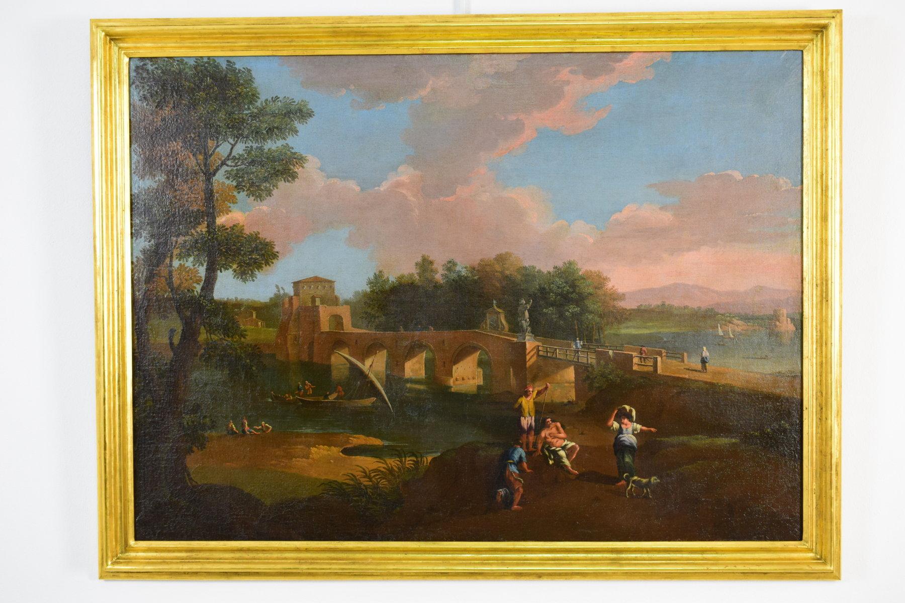 Öl auf Leinwand, römischer Anhänger von Paolo Anesi, Landschaft mit Milvio Bridge, Öl im Angebot 9