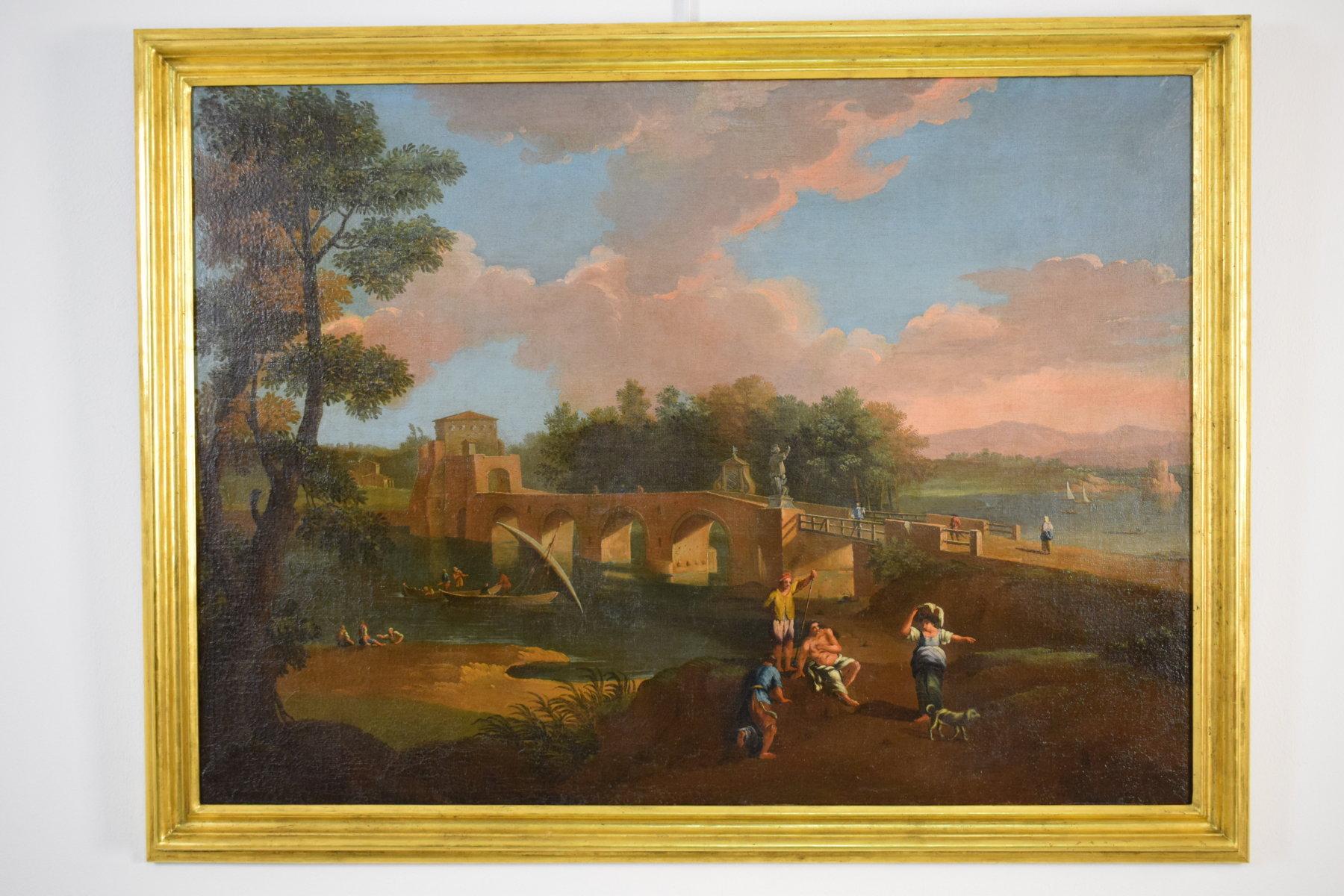 Öl auf Leinwand, römischer Anhänger von Paolo Anesi, Landschaft mit Milvio Bridge, Öl im Angebot 10