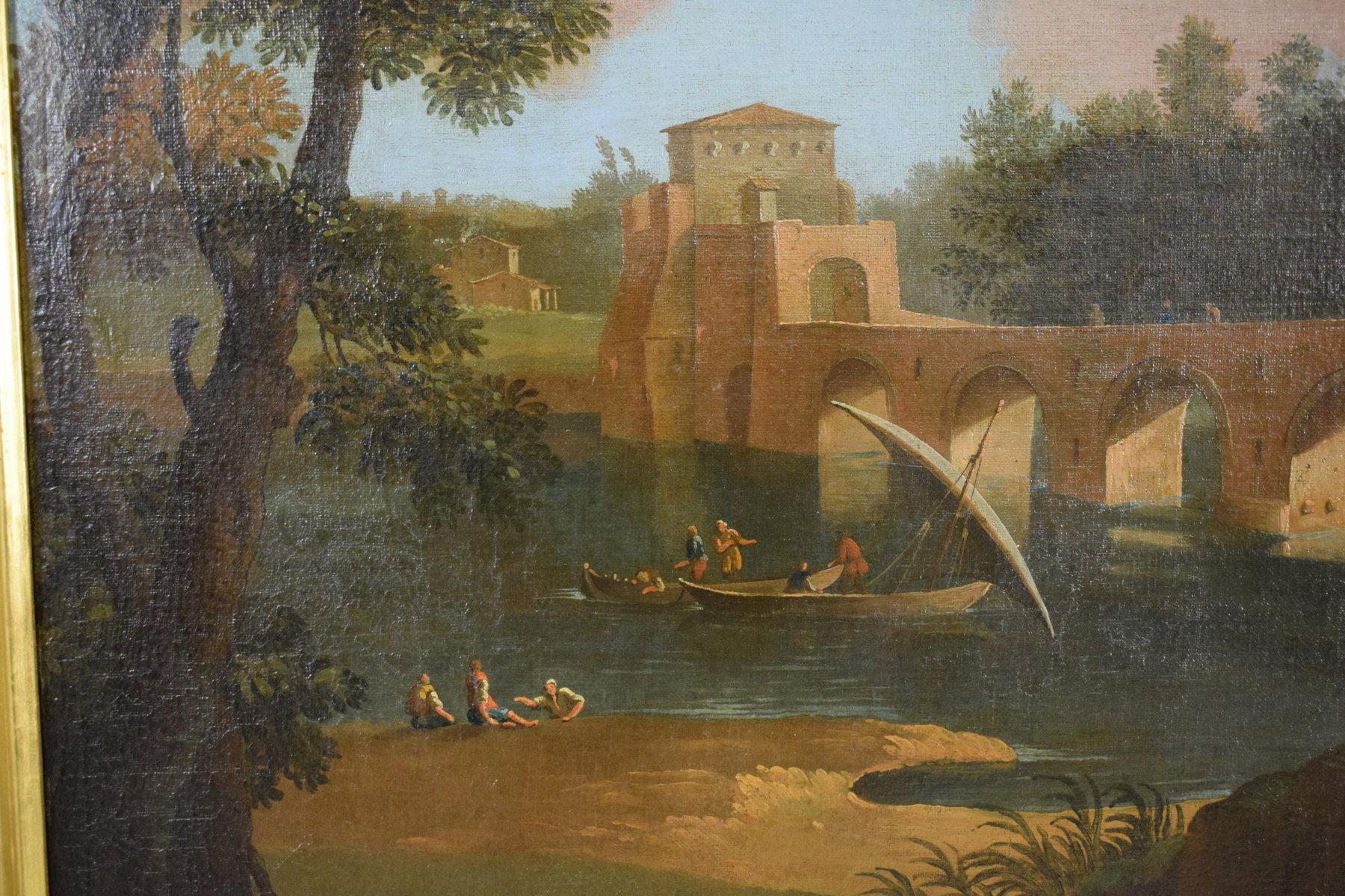 Öl auf Leinwand, römischer Anhänger von Paolo Anesi, Landschaft mit Milvio Bridge, Öl im Angebot 11