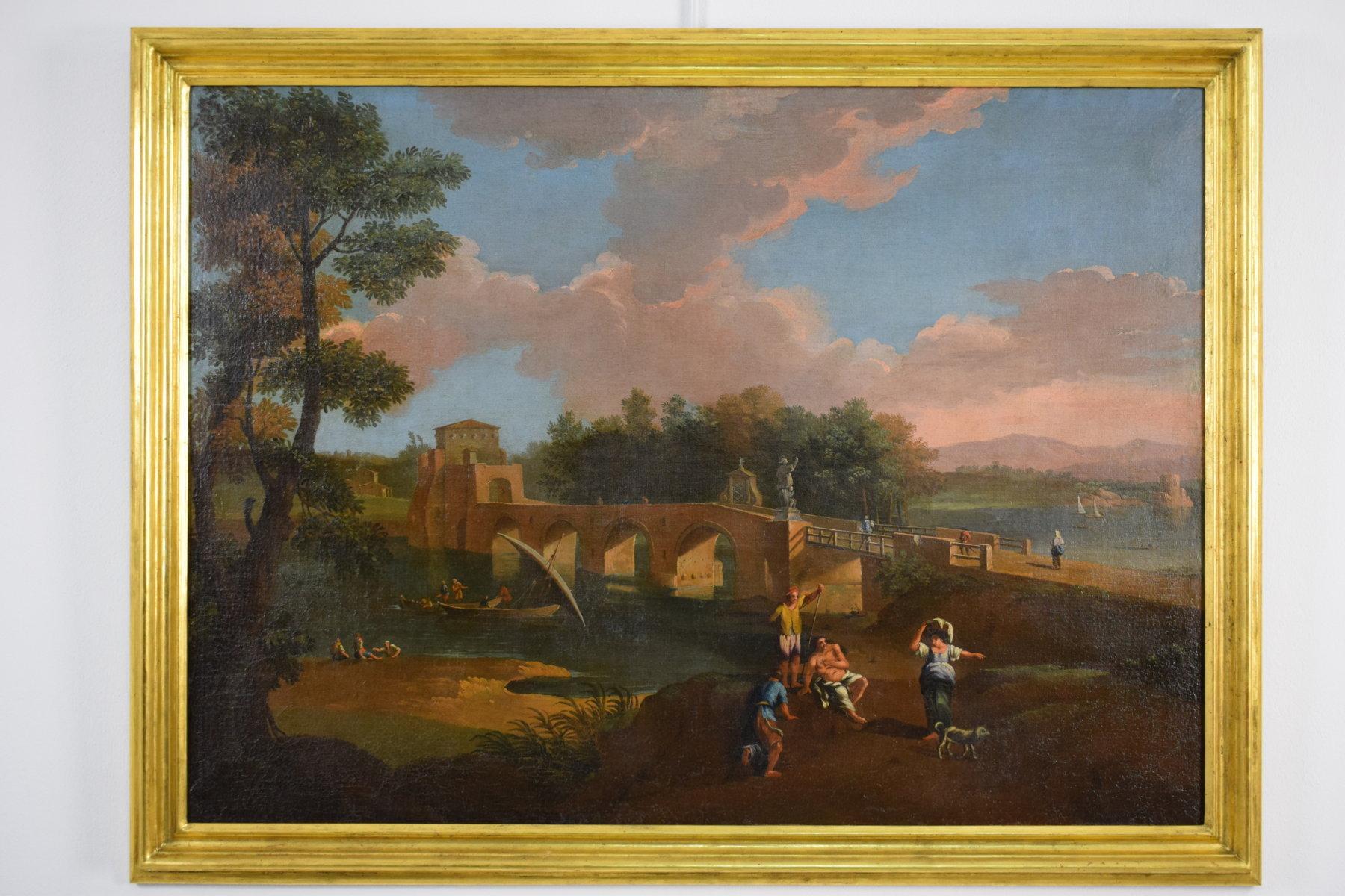 Öl auf Leinwand, römischer Anhänger von Paolo Anesi, Landschaft mit Milvio Bridge, Öl im Angebot 12