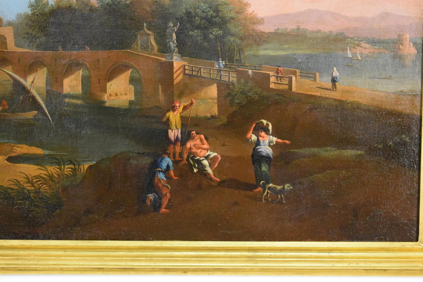 Öl auf Leinwand, römischer Anhänger von Paolo Anesi, Landschaft mit Milvio Bridge, Öl im Angebot 13