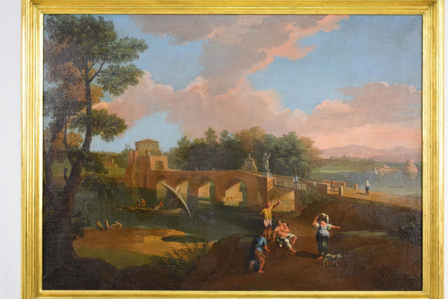 Römische Schule, Anhänger von Paolo Anesi, Römische Landschaft mit der Milvio-Brücke, Hälfte des 18.
Öl auf Leinwand, Maße: Rahmen cm B 149 x H 112 x T 6,5; Leinwand cm B 133 x H 96,5
Das Gemälde zeigt eine eindrucksvolle römische Landschaft mit der