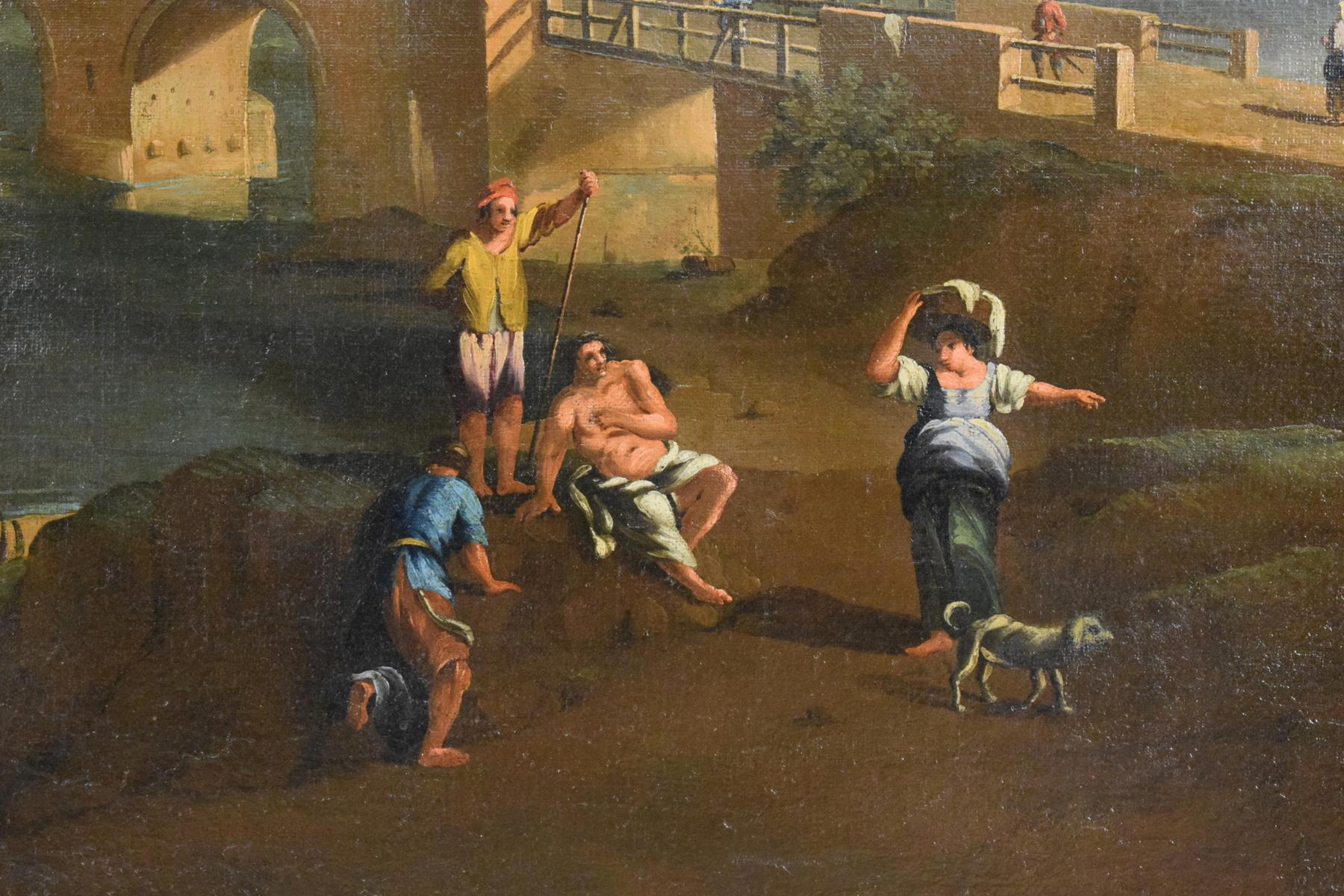 Öl auf Leinwand, römischer Anhänger von Paolo Anesi, Landschaft mit Milvio Bridge, Öl (Louis XV.) im Angebot