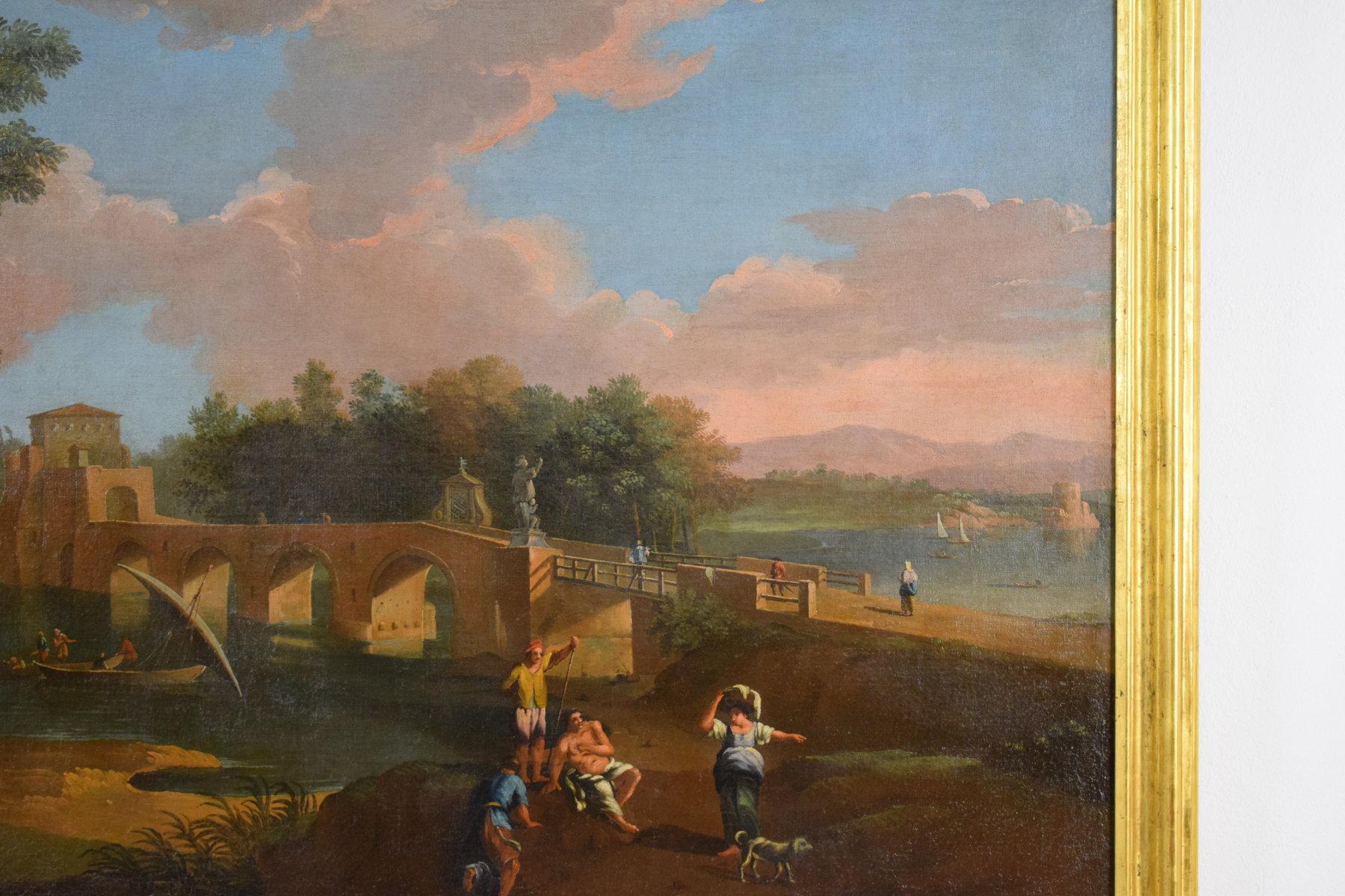 Öl auf Leinwand, römischer Anhänger von Paolo Anesi, Landschaft mit Milvio Bridge, Öl (Italienisch) im Angebot