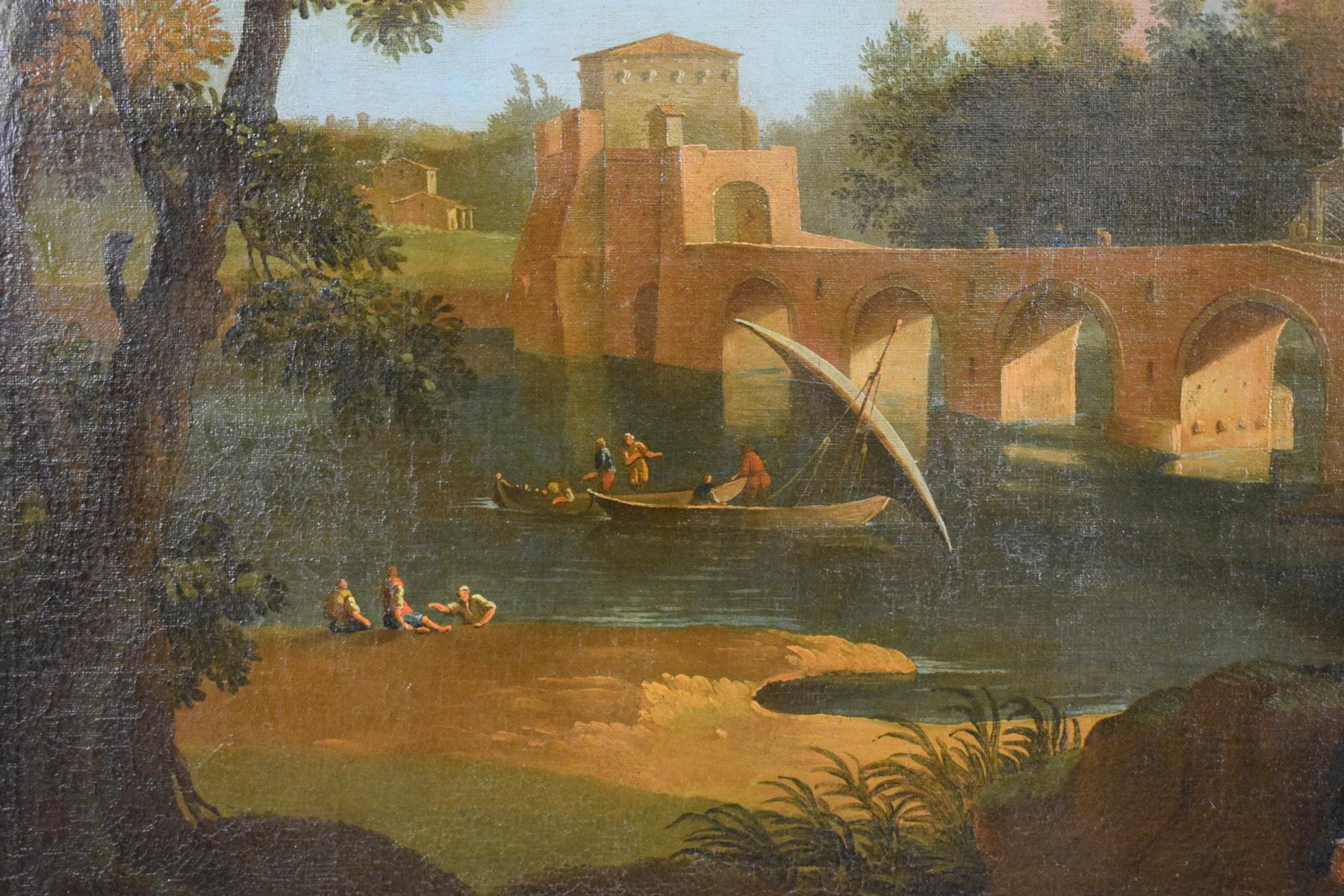 Öl auf Leinwand, römischer Anhänger von Paolo Anesi, Landschaft mit Milvio Bridge, Öl (Gemalt) im Angebot