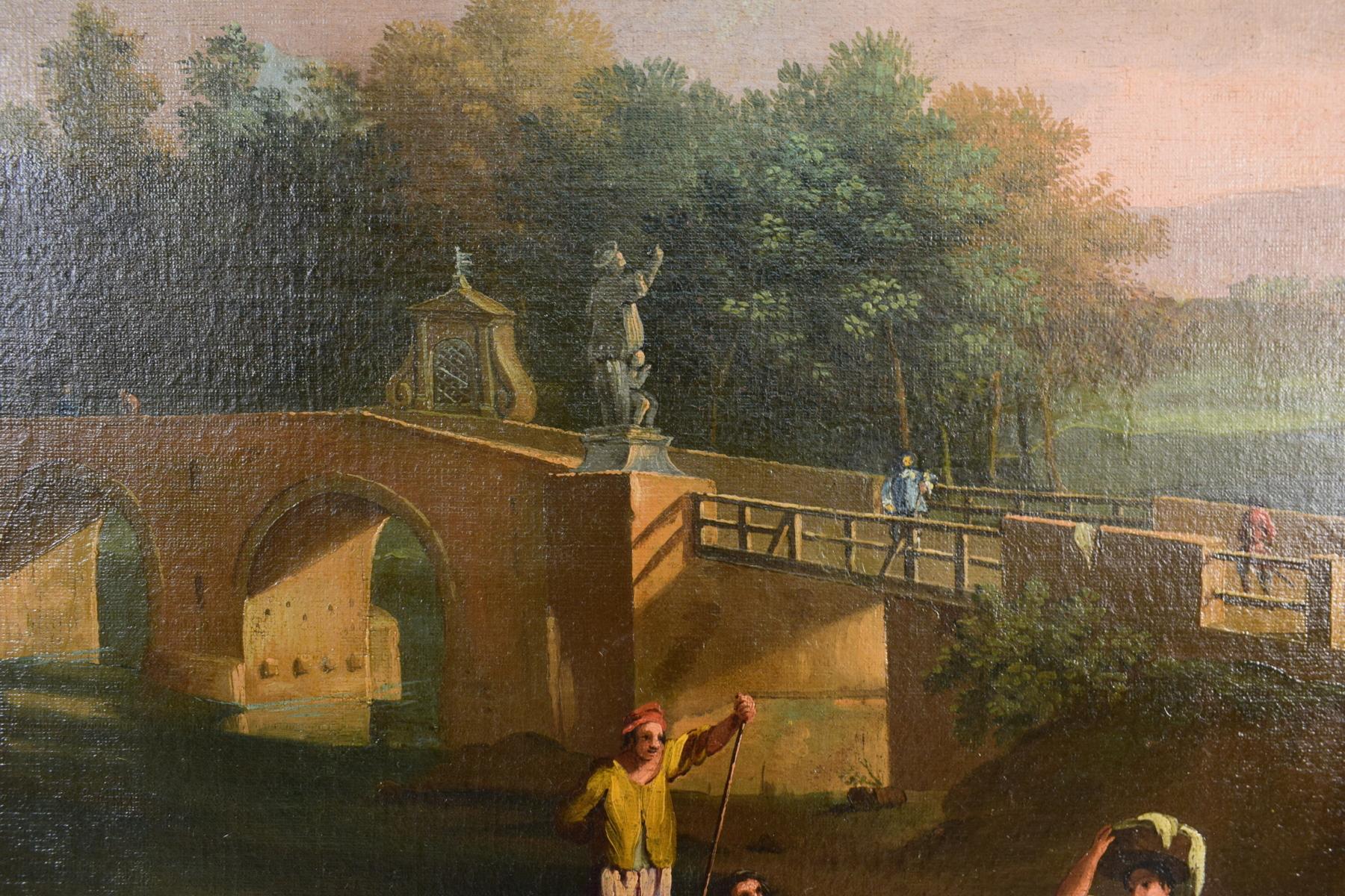 Öl auf Leinwand, römischer Anhänger von Paolo Anesi, Landschaft mit Milvio Bridge, Öl (18. Jahrhundert) im Angebot