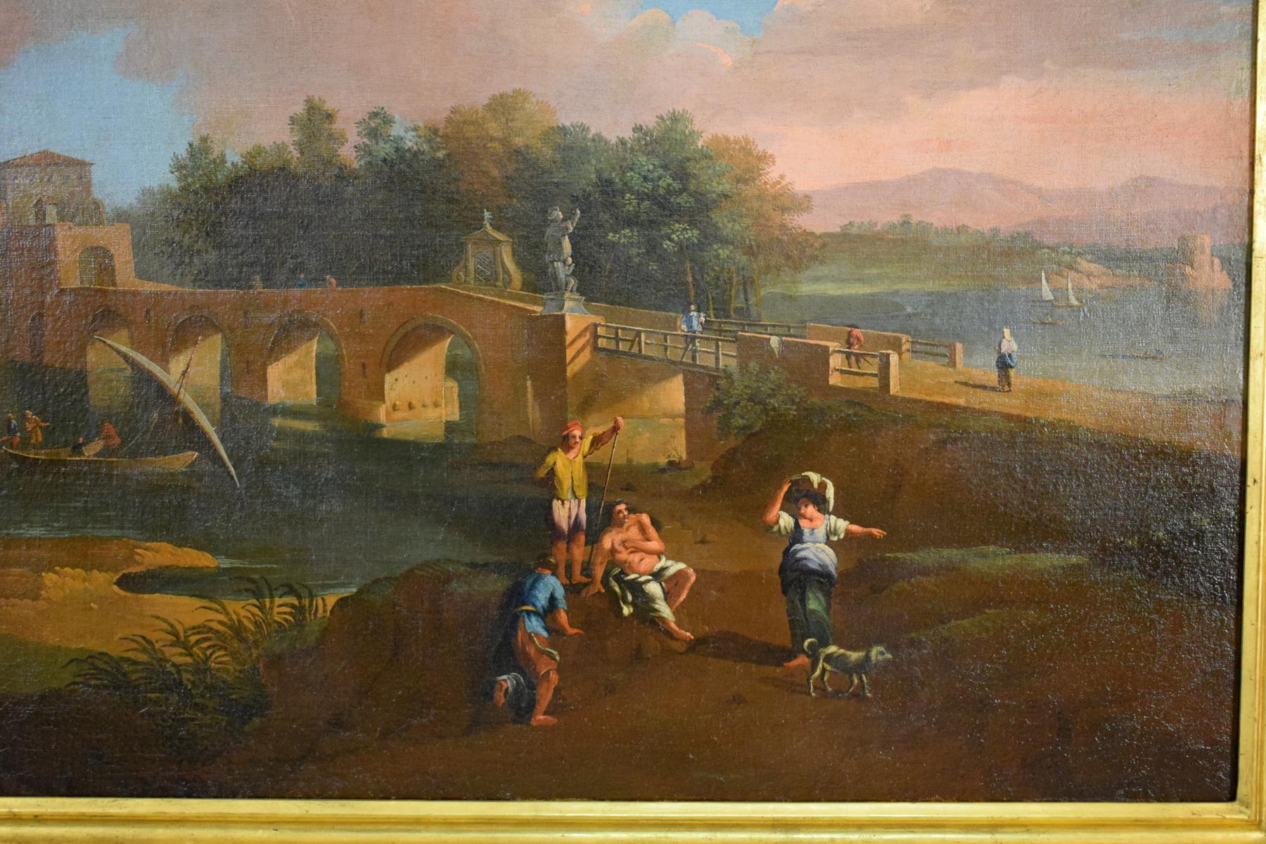 Öl auf Leinwand, römischer Anhänger von Paolo Anesi, Landschaft mit Milvio Bridge, Öl im Angebot 1
