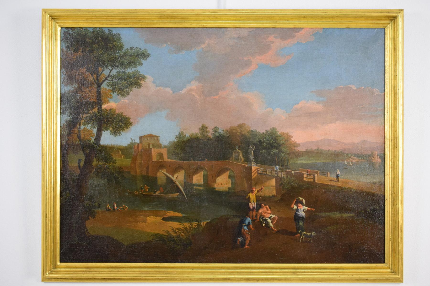 Öl auf Leinwand, römischer Anhänger von Paolo Anesi, Landschaft mit Milvio Bridge, Öl im Angebot 3