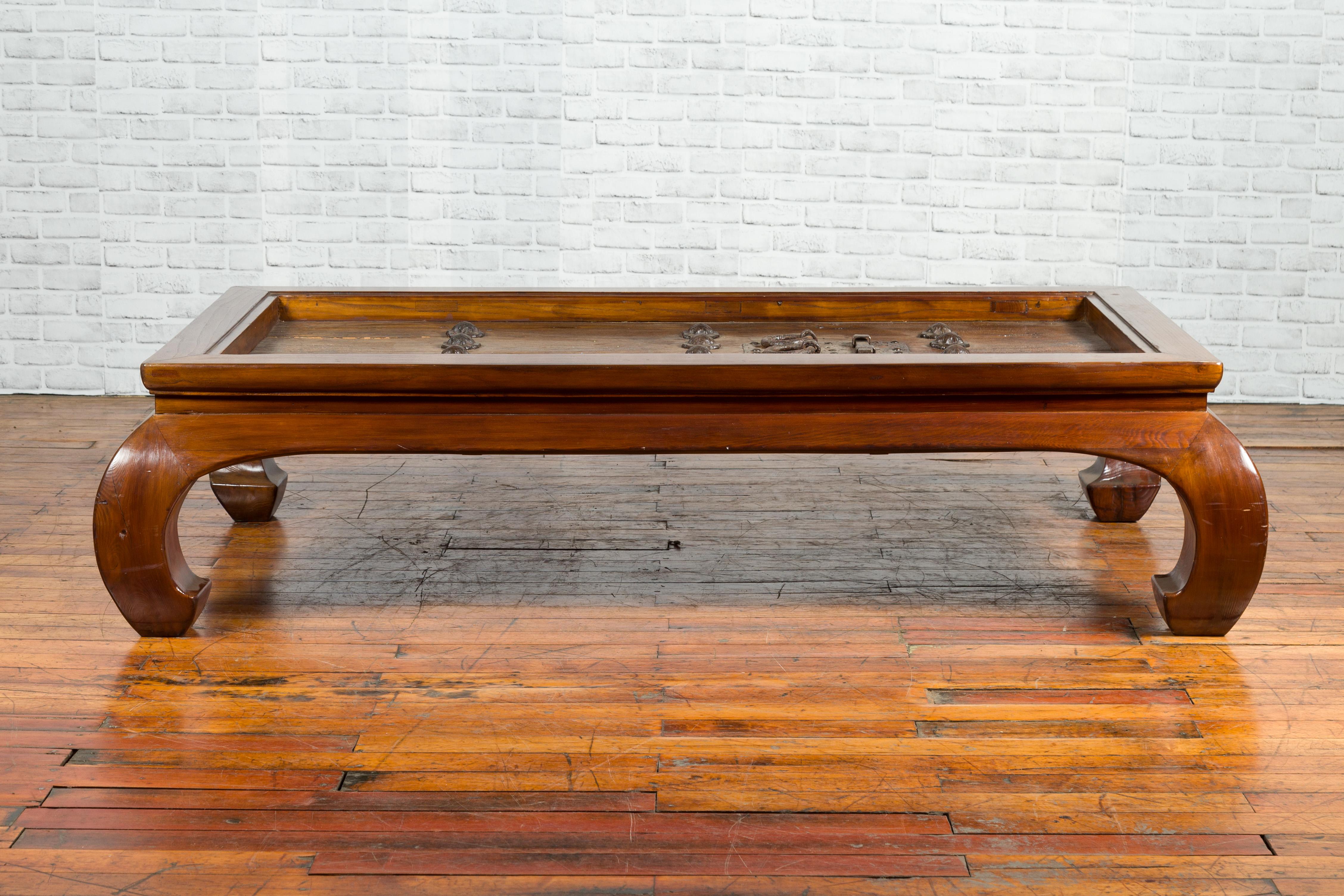 Ming 18th or 19th Century Elm Doors with Iron Hardware Made into a Coffee Table For Sale
